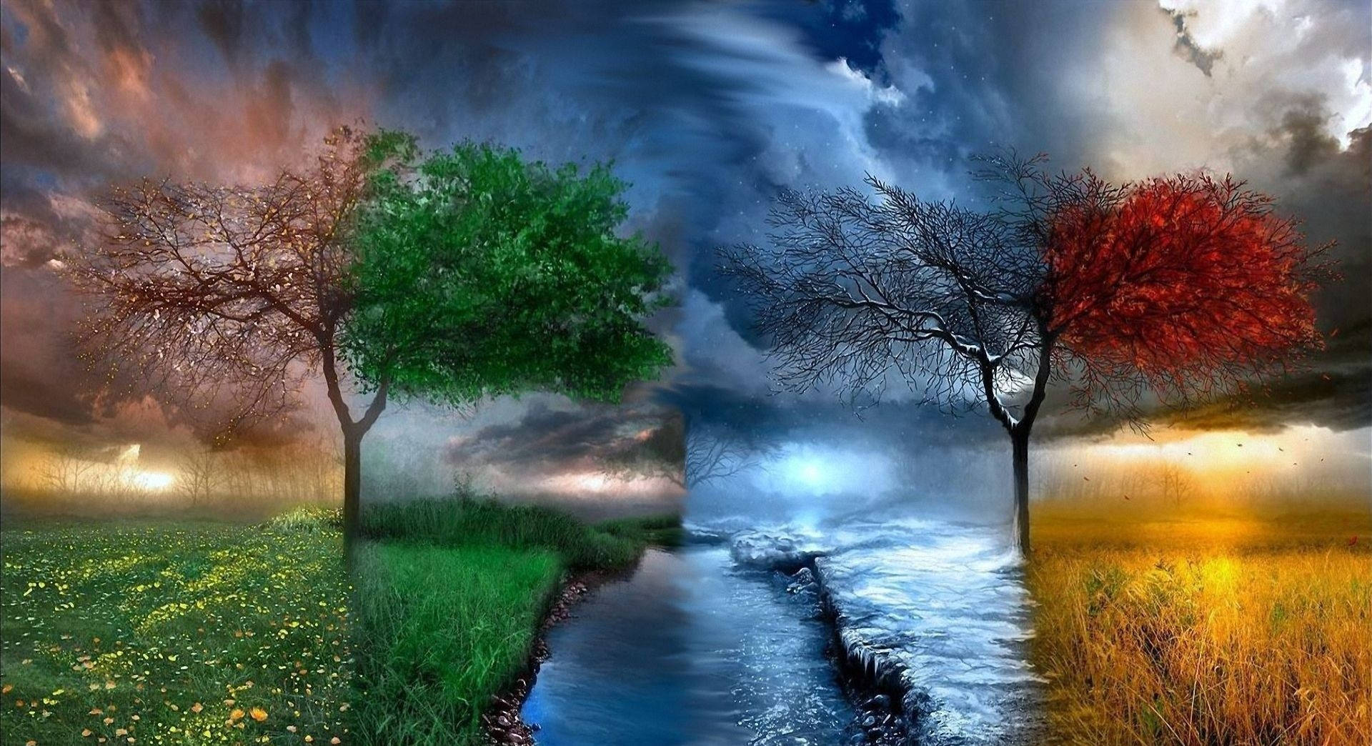 surreal river, green with sunlit trees and flowers, red with stormy skies and bare branches, Full HD Desktop Wallpaper