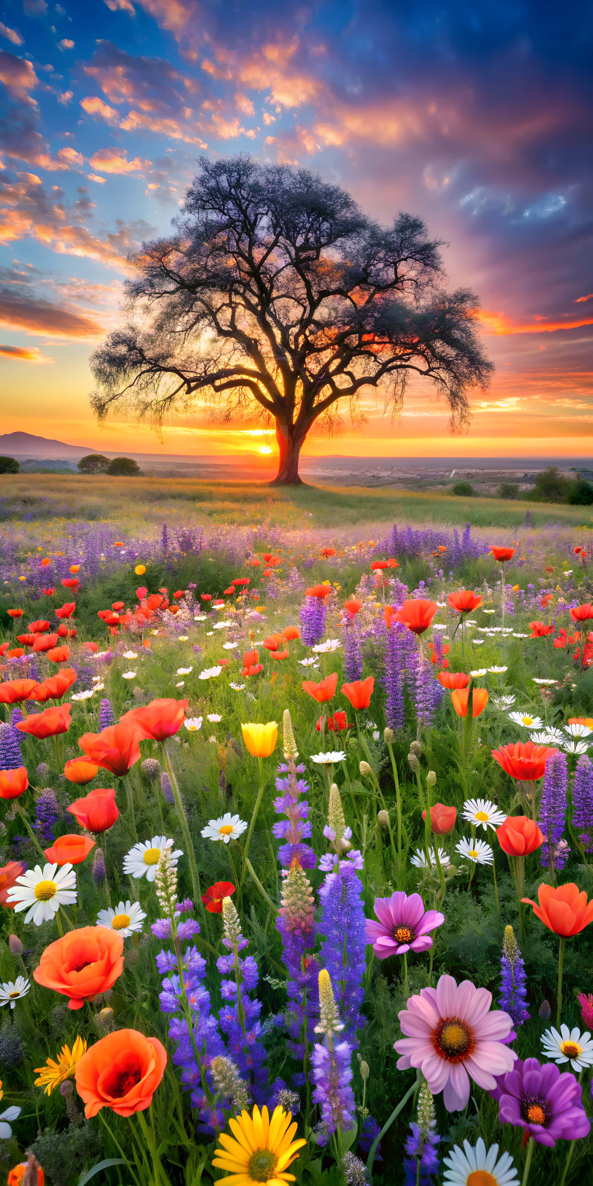 sunset, field, wildflowers, 4K Phone Wallpaper