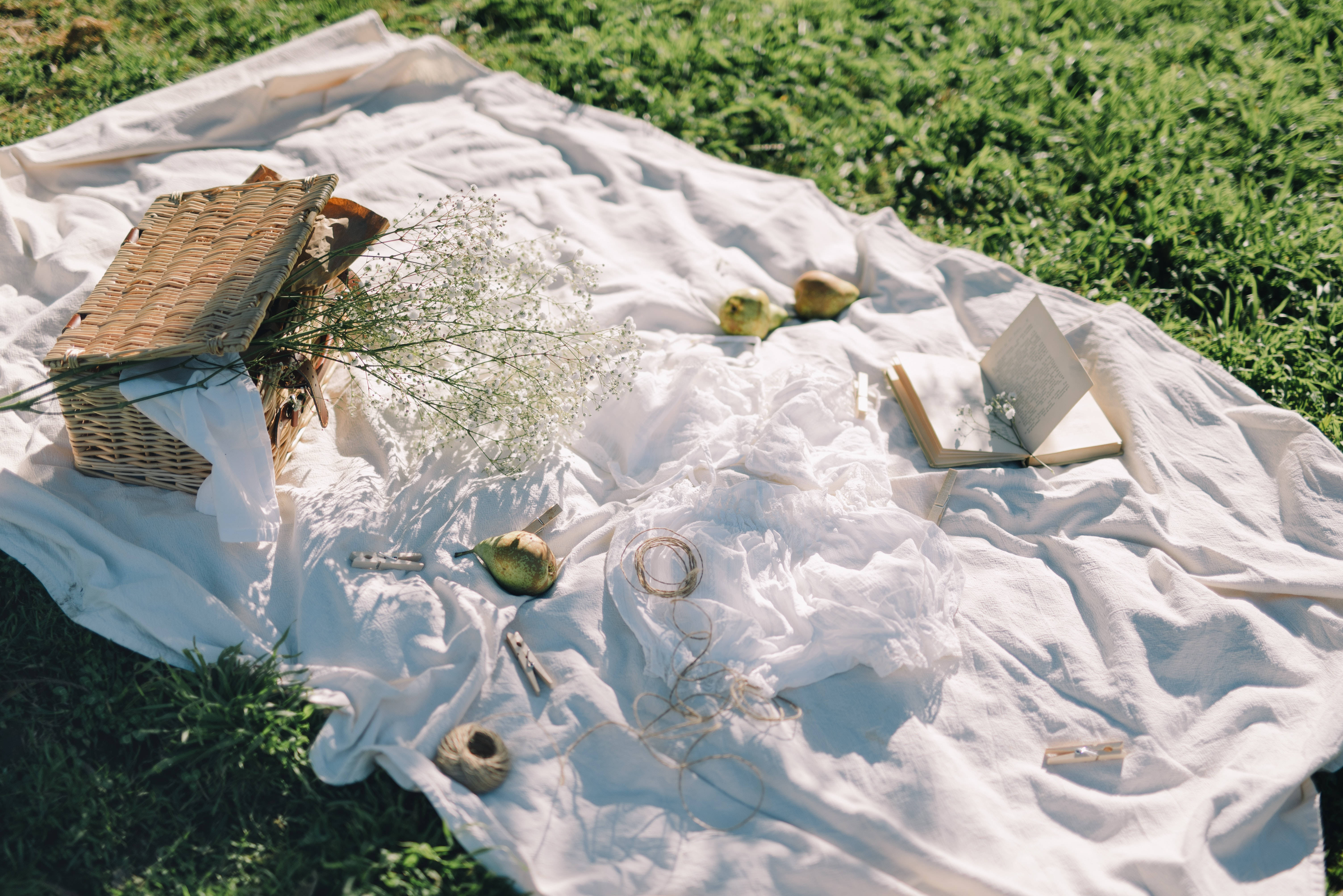 white linen blanket, grass, wicker basket, 5K Desktop Wallpaper