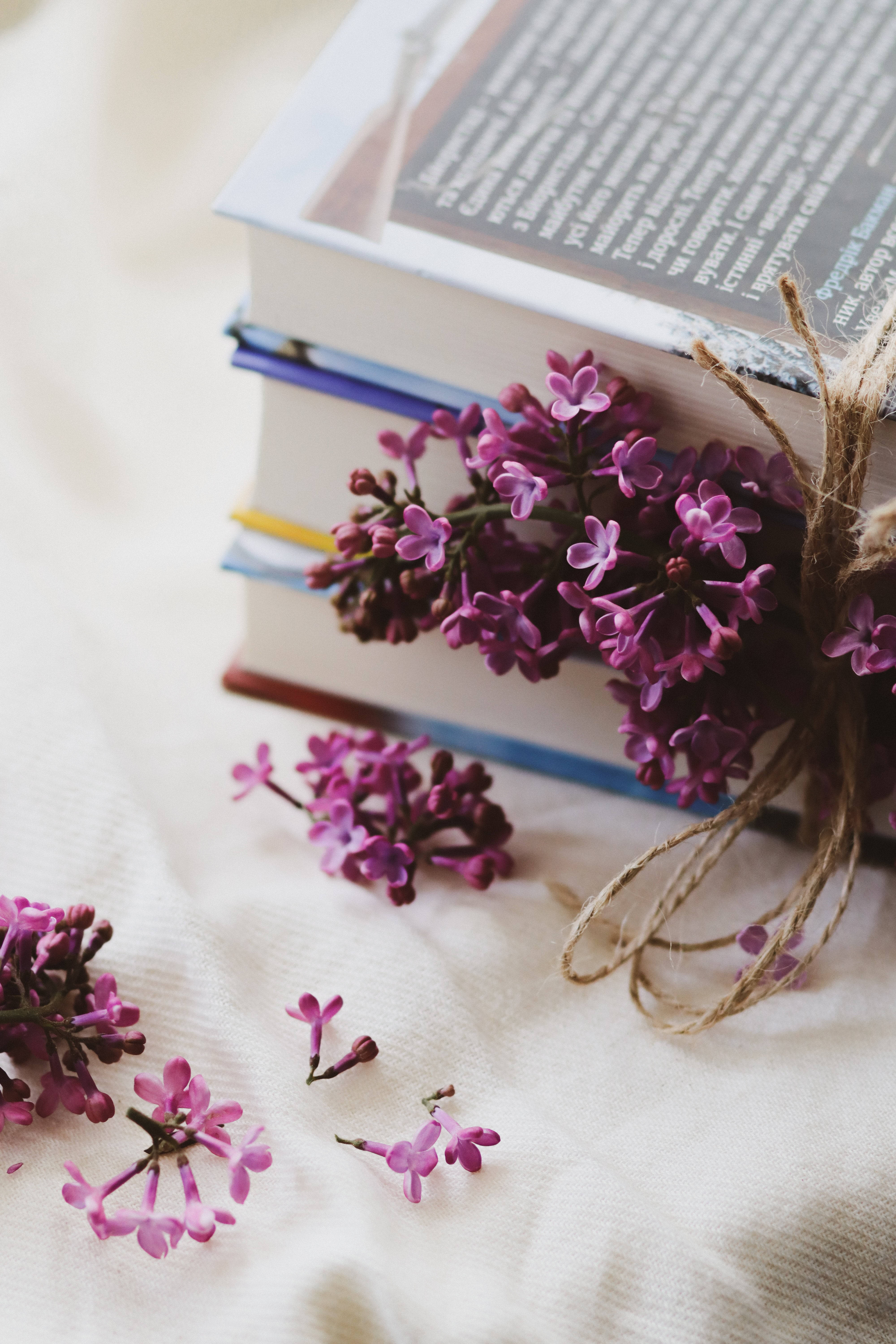 lilac aesthetic, book desktop, purple lilac flowers, 5K Phone Wallpaper