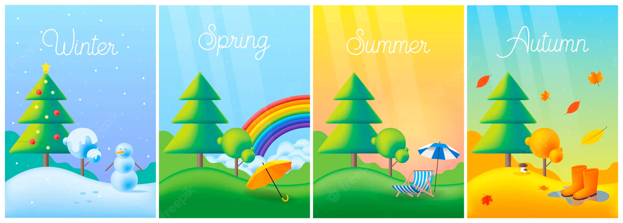 Interactive Collage Seasons, spring rainbow, winter snowman, Full HD Desktop Wallpaper