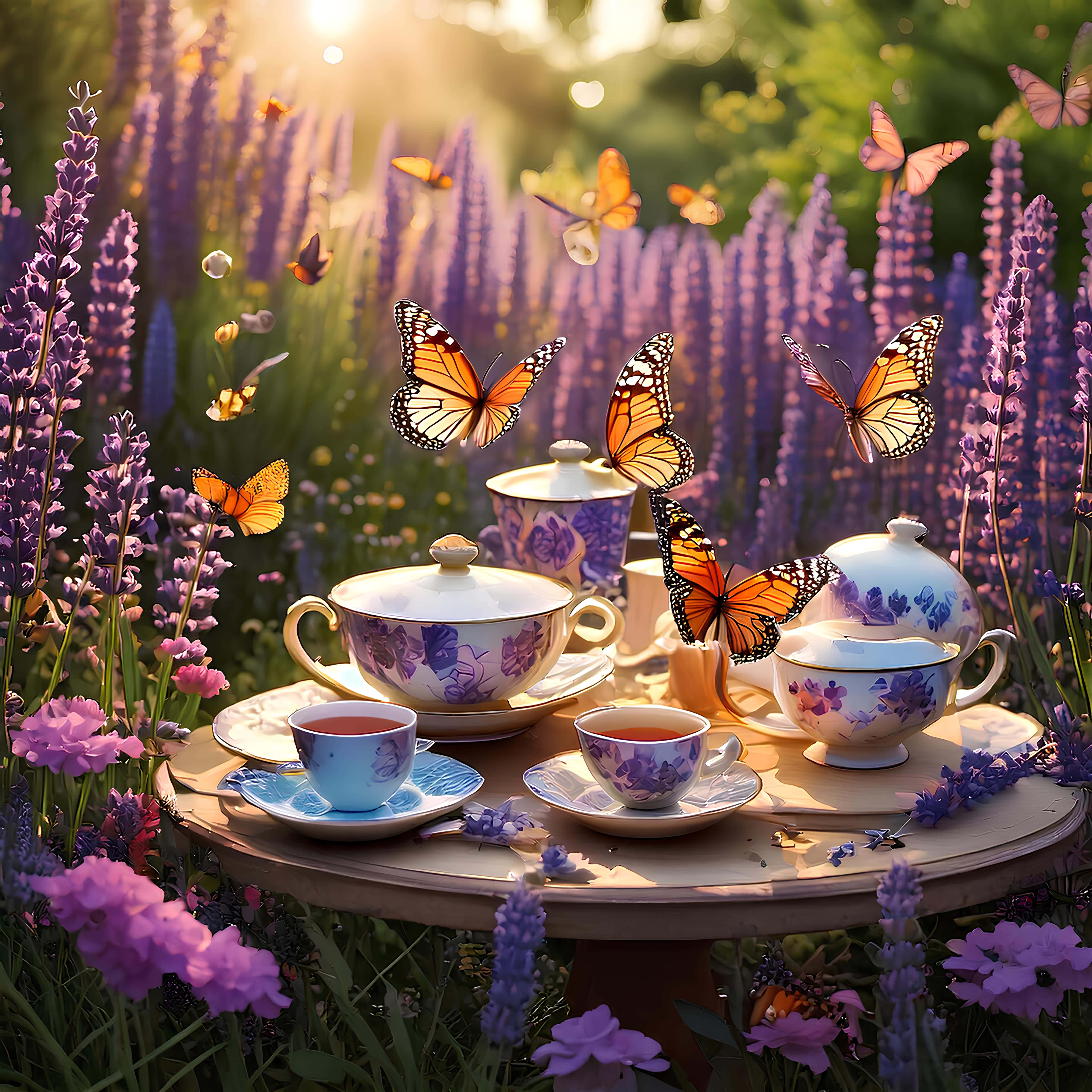 tea set, wooden table, lavender fields, 5K Desktop Wallpaper