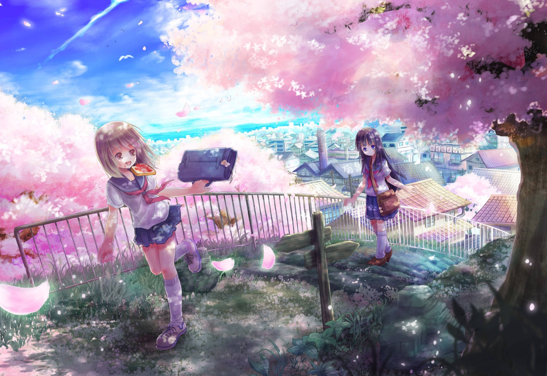cute spring anime school girls, cherry blossoms, vibrant sky, Full HD Desktop Wallpaper