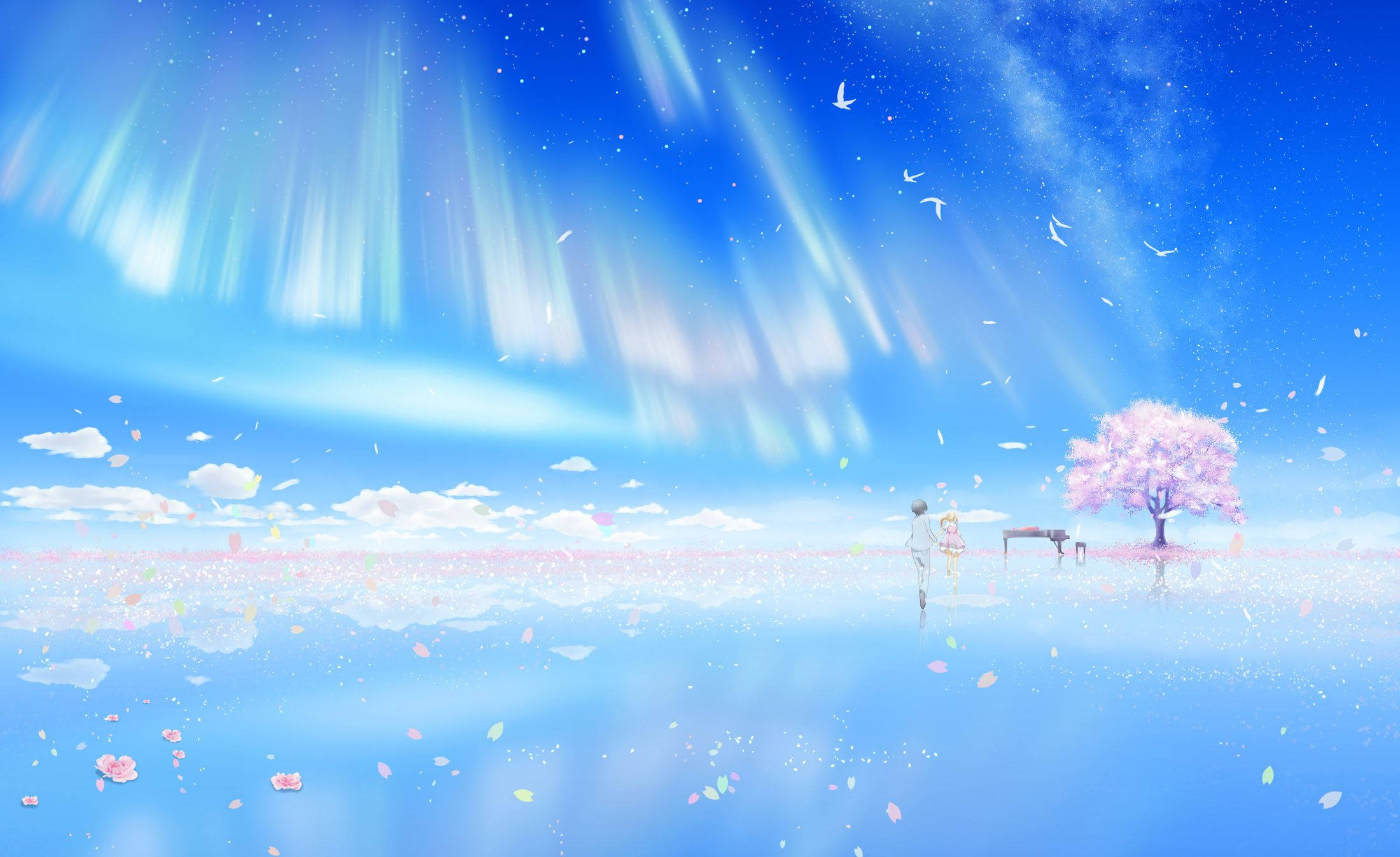 your lie in april, sakura tree, blue sky, Full HD Desktop Wallpaper