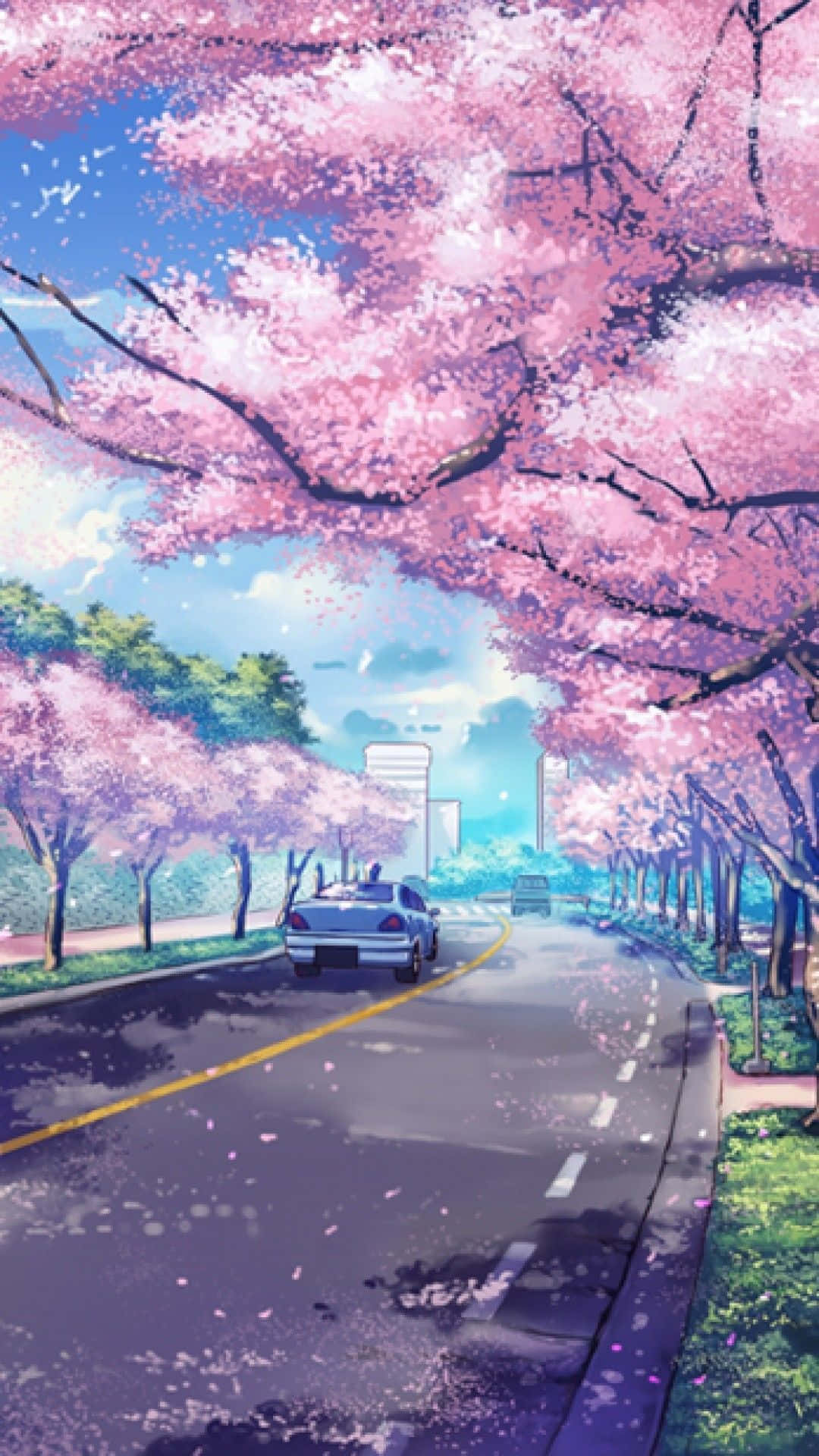 sakura anime wallpaper, sakura anime trees, silver car, Full HD Phone Wallpaper