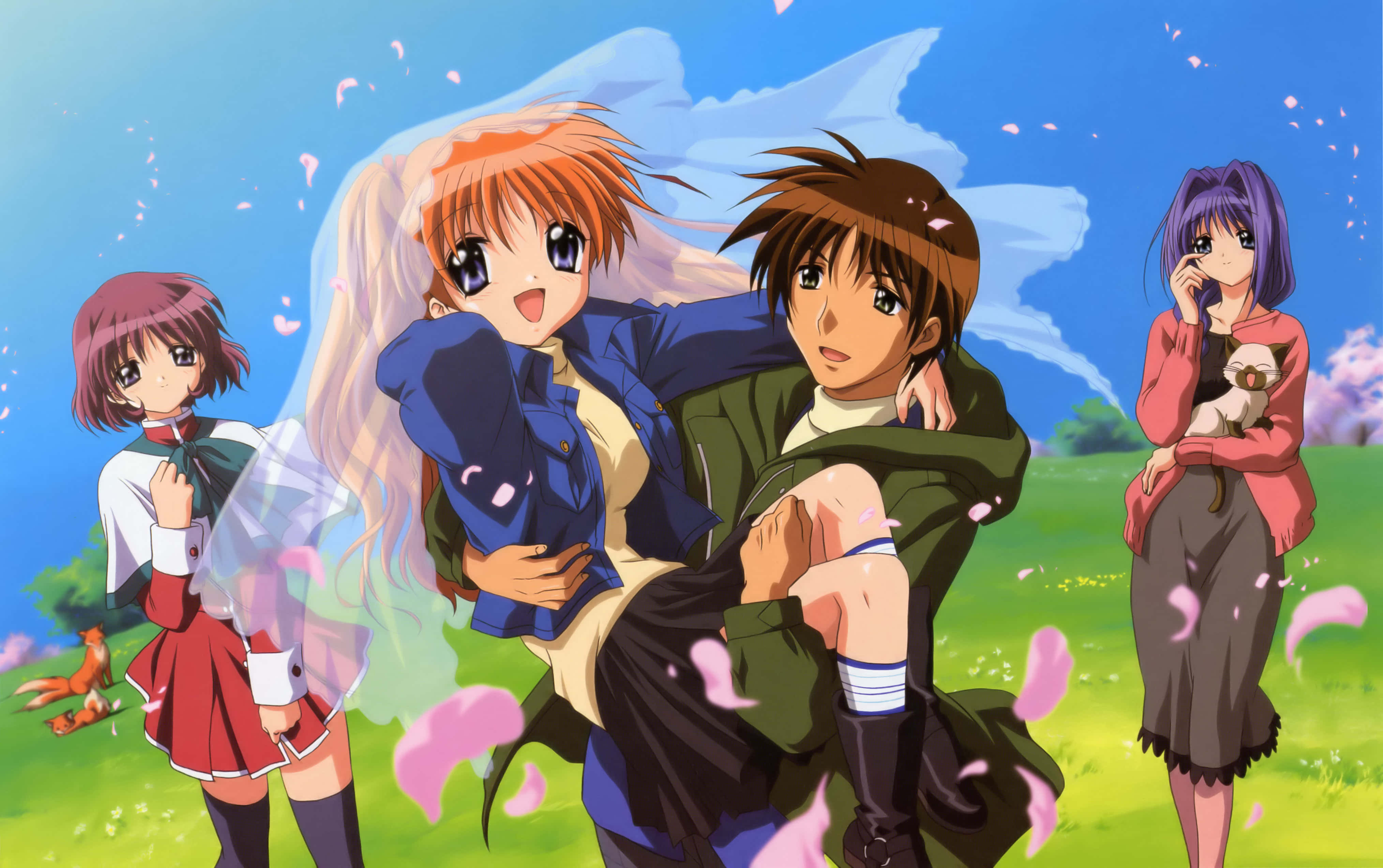 anime characters, vibrant spring field, pink cherry blossoms, 4K Desktop Wallpaper