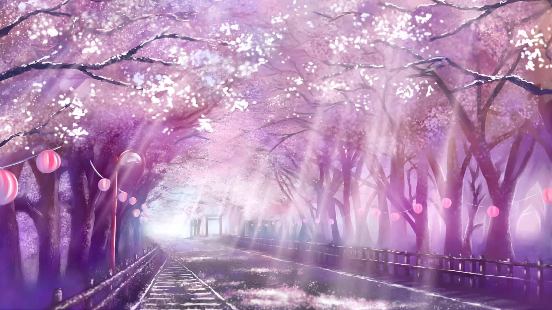 Spring Anime, cherry blossom scene, railway track, Full HD Desktop Wallpaper