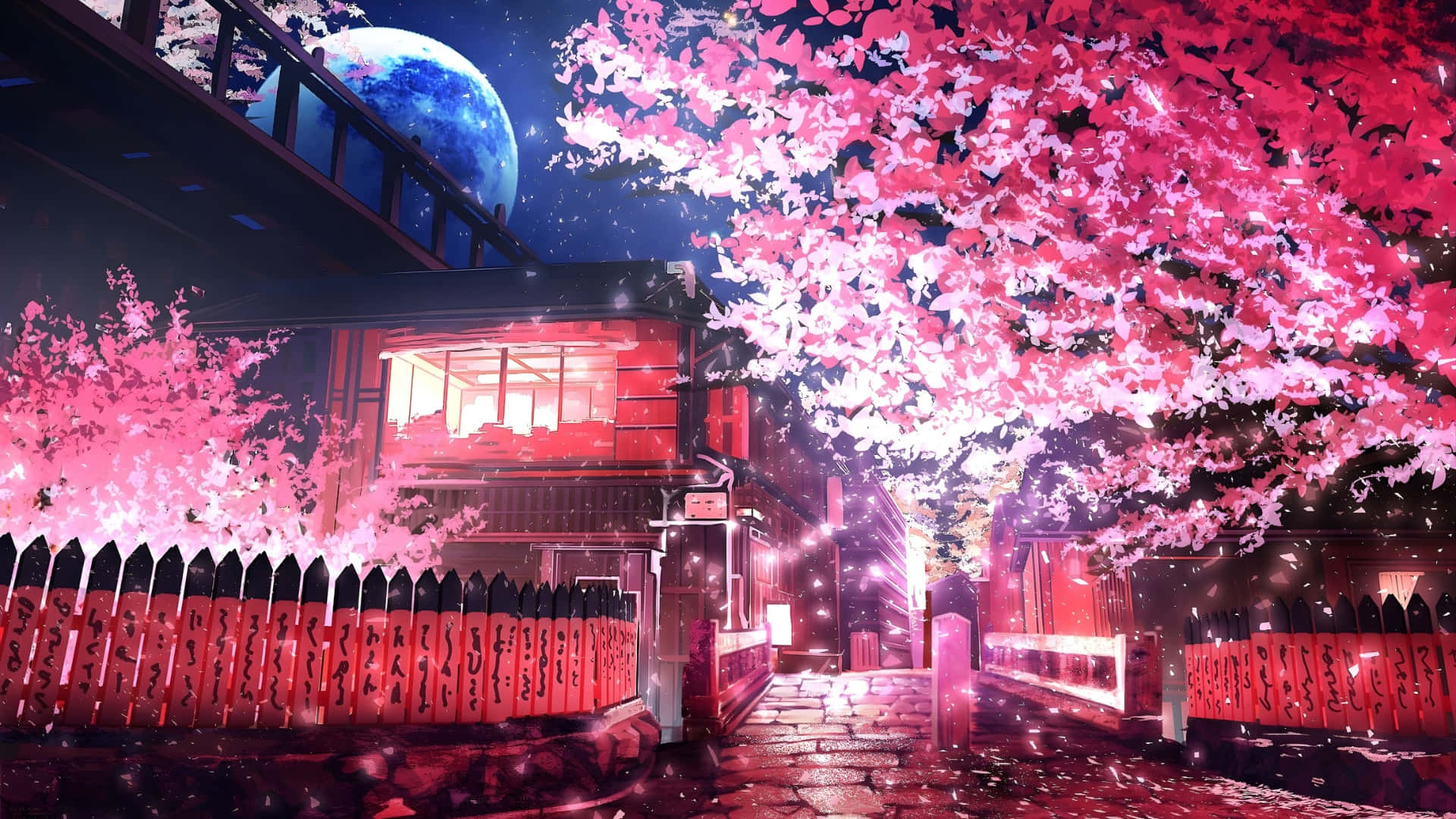 cherry blossom tree, traditional red Japanese shrine, blue moonlit sky, Full HD Desktop Wallpaper