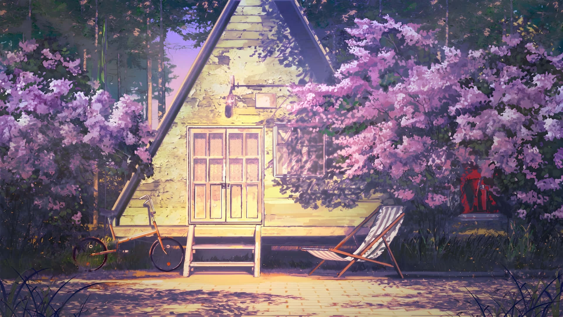 Spring Anime, cottage scene, yellow cabin, Full HD Desktop Wallpaper