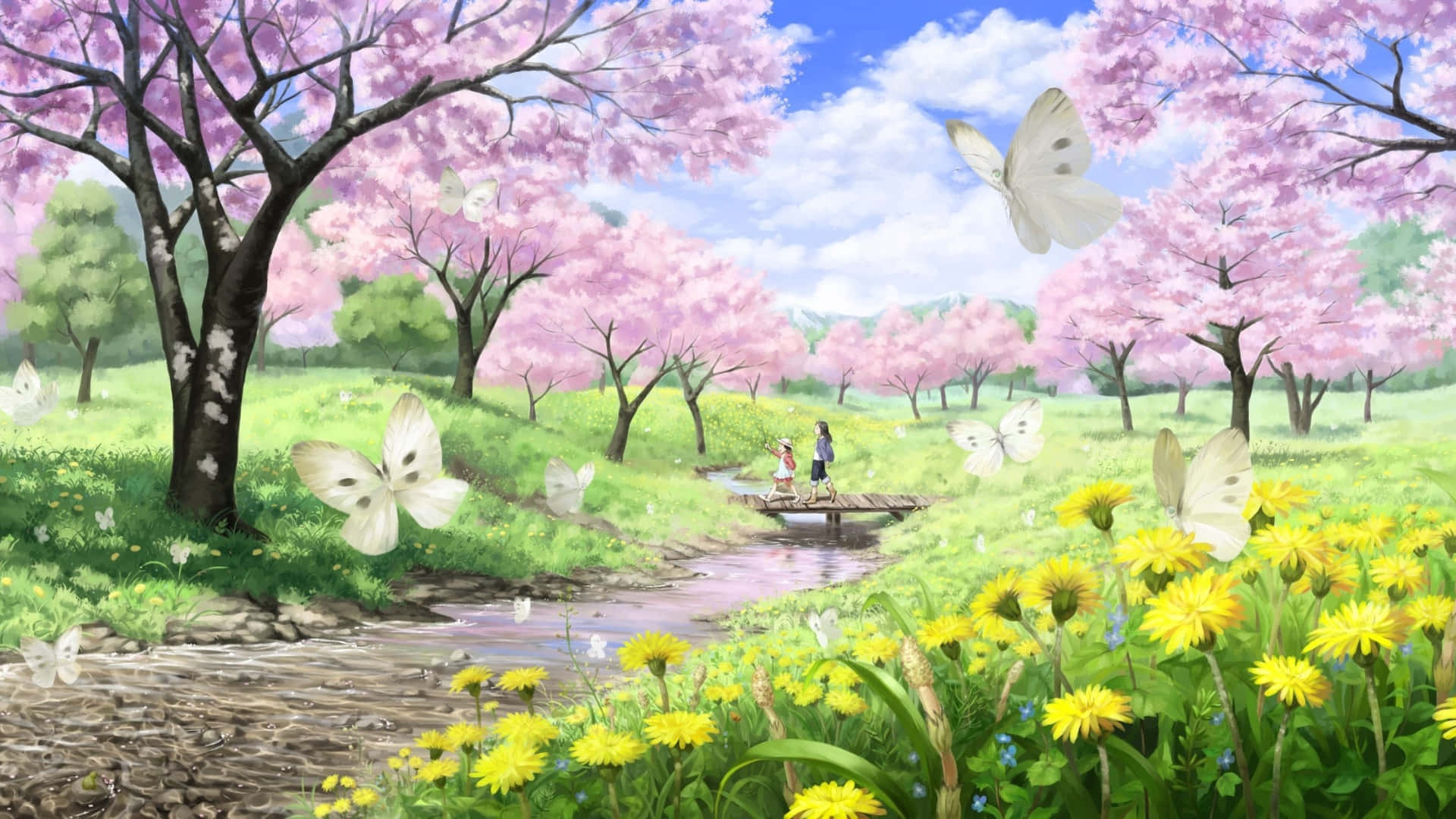 Spring Anime, wooden bridge, blooming pink cherry trees, Full HD Desktop Wallpaper