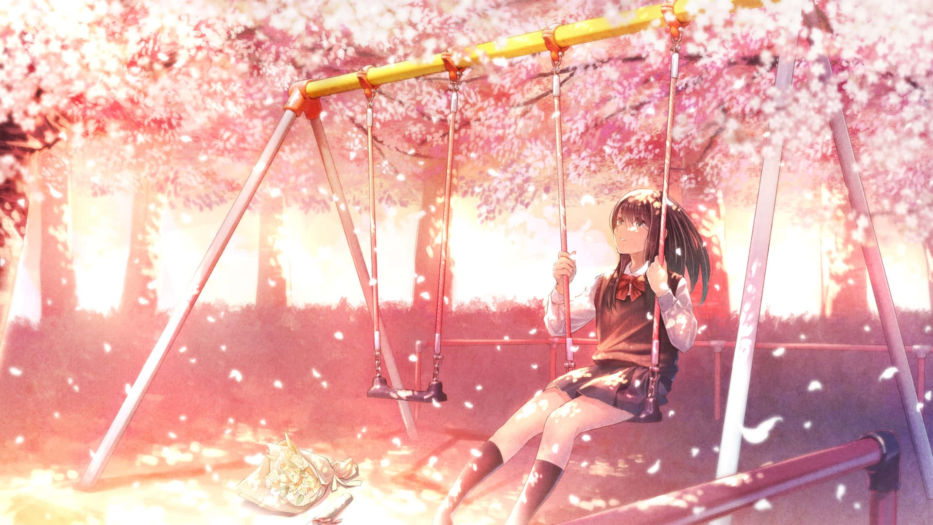 spring anime, cherry blossom scene, school uniform, Full HD Desktop Wallpaper