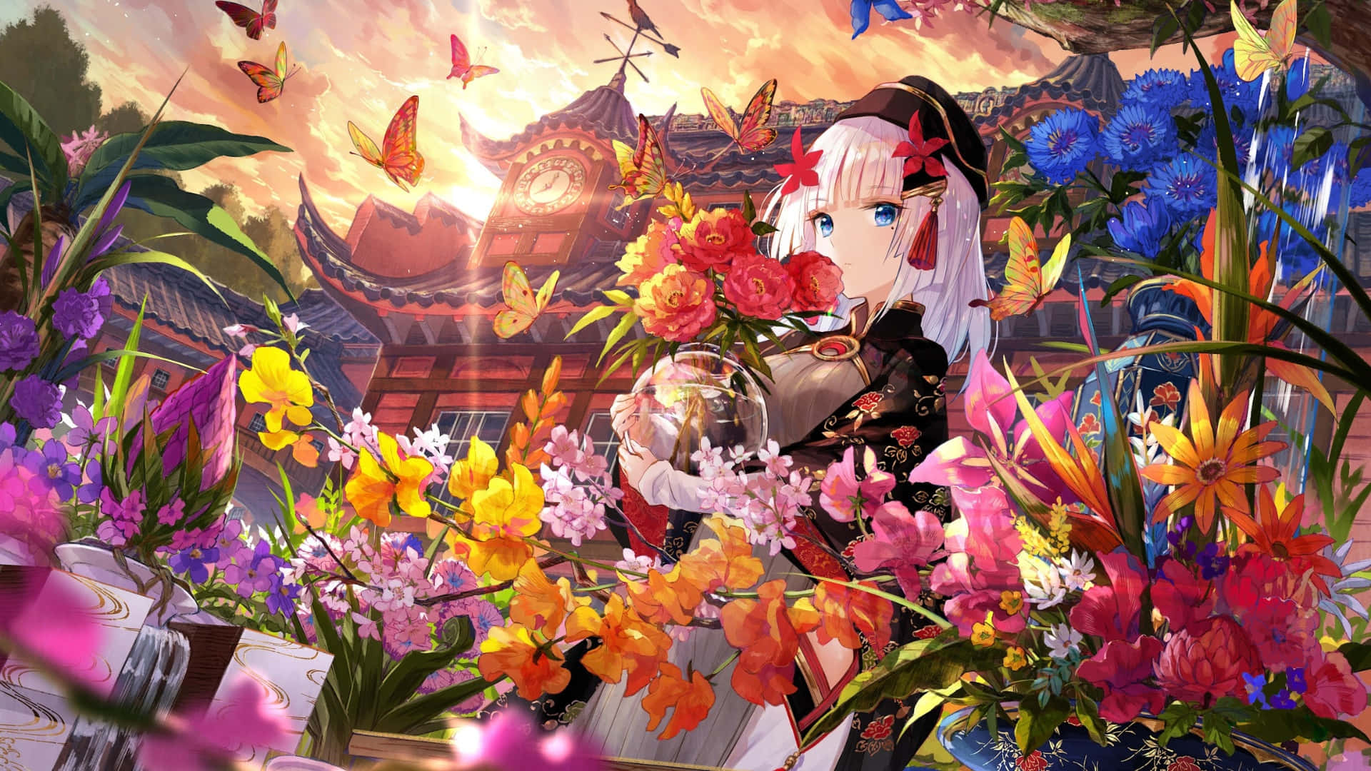 white hair, red flowers, glass orb, Full HD Desktop Wallpaper