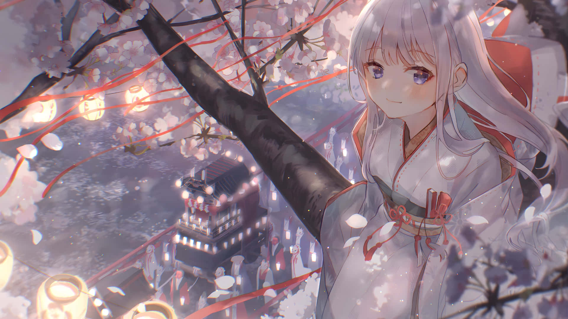 spring anime, cherry blossom tree, glowing lanterns, Full HD Desktop Wallpaper