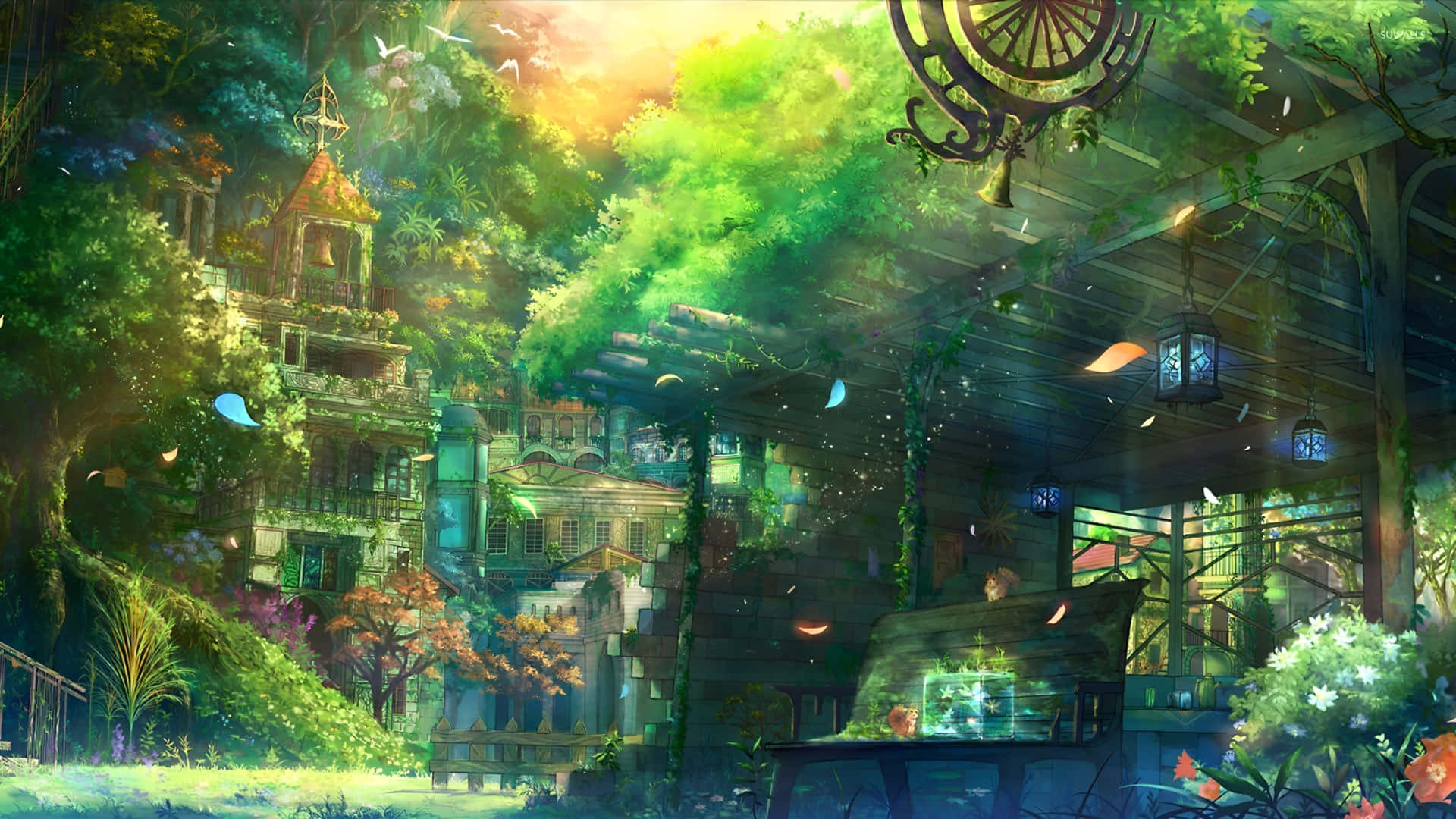 Spring Anime, forest scene, sunlight, Full HD Desktop Wallpaper