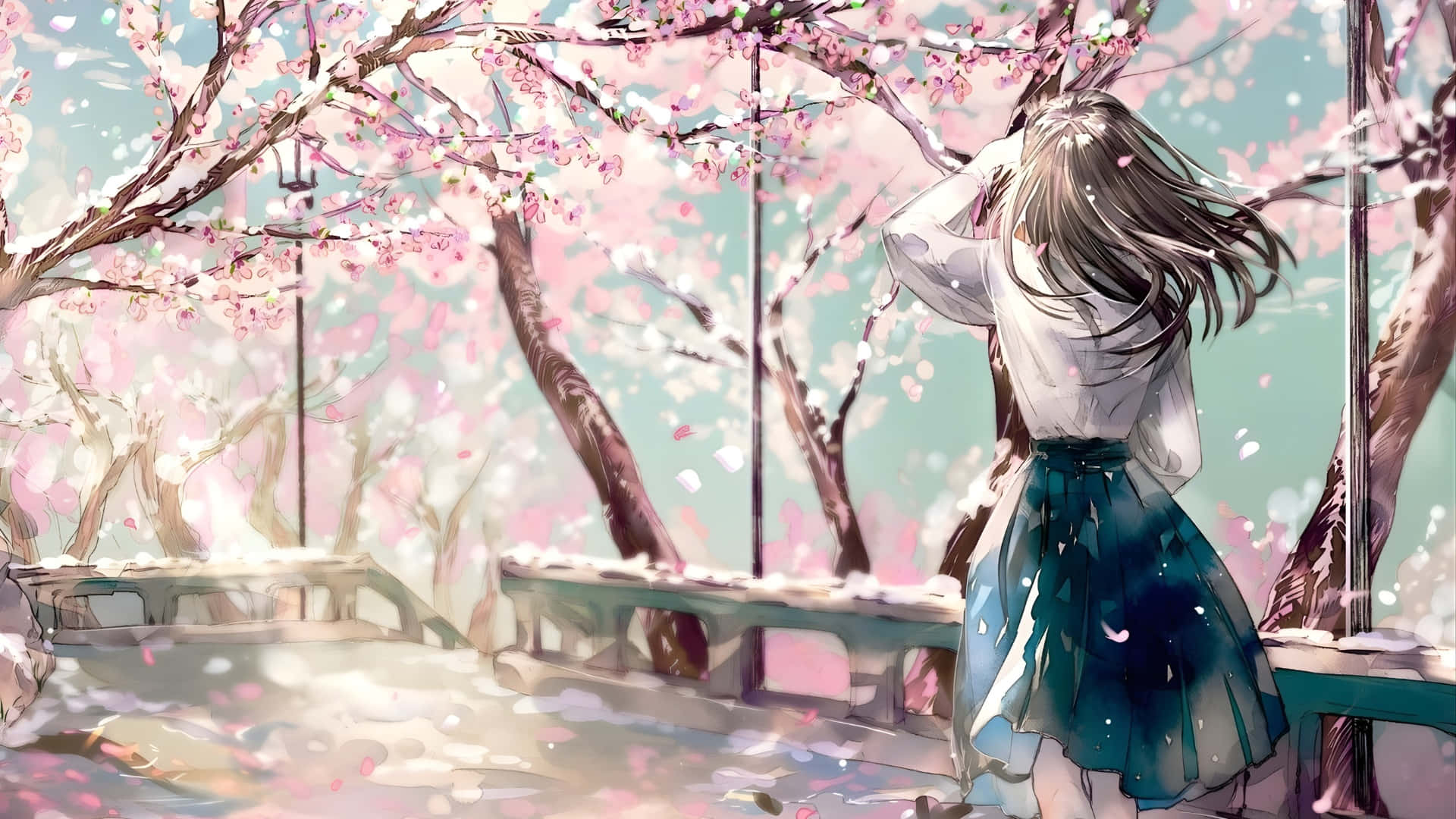 Spring Anime, cherry blossom scene, long hair, Full HD Desktop Wallpaper