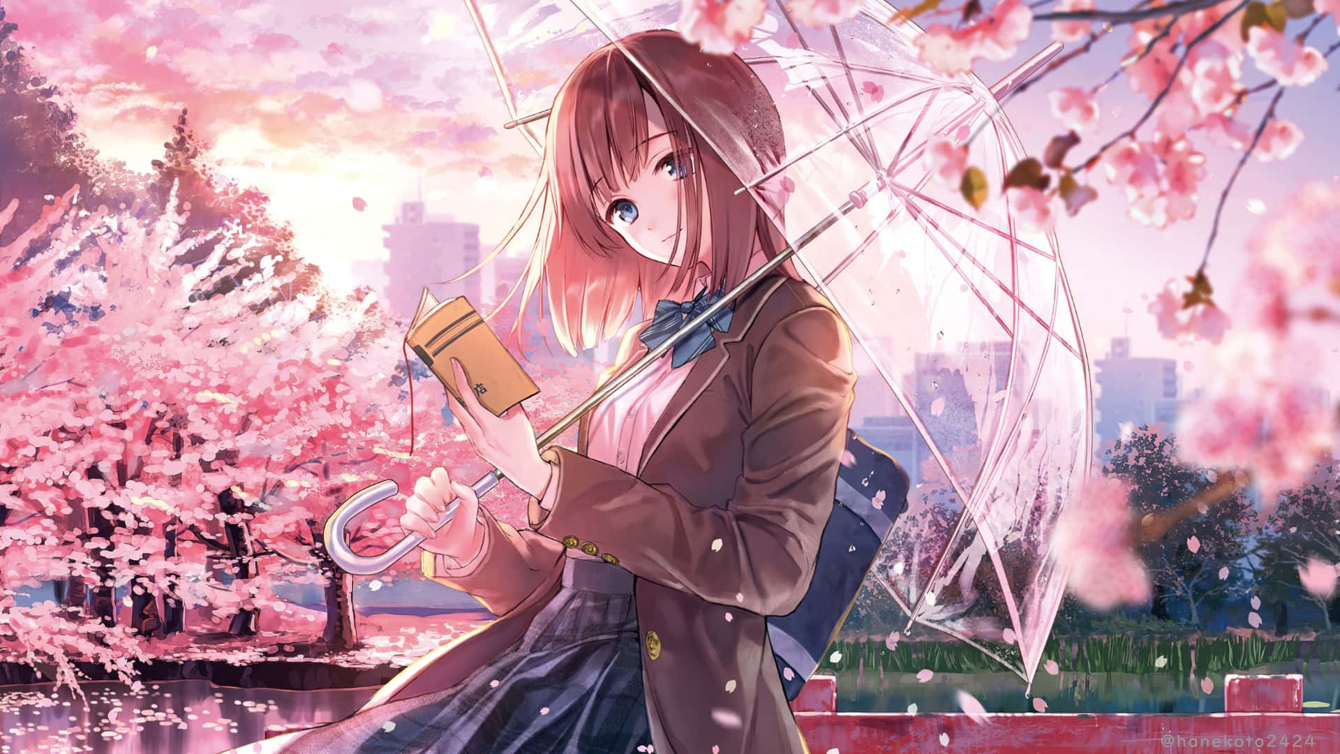 anime girl, pink hair, transparent umbrella, Full HD Desktop Wallpaper
