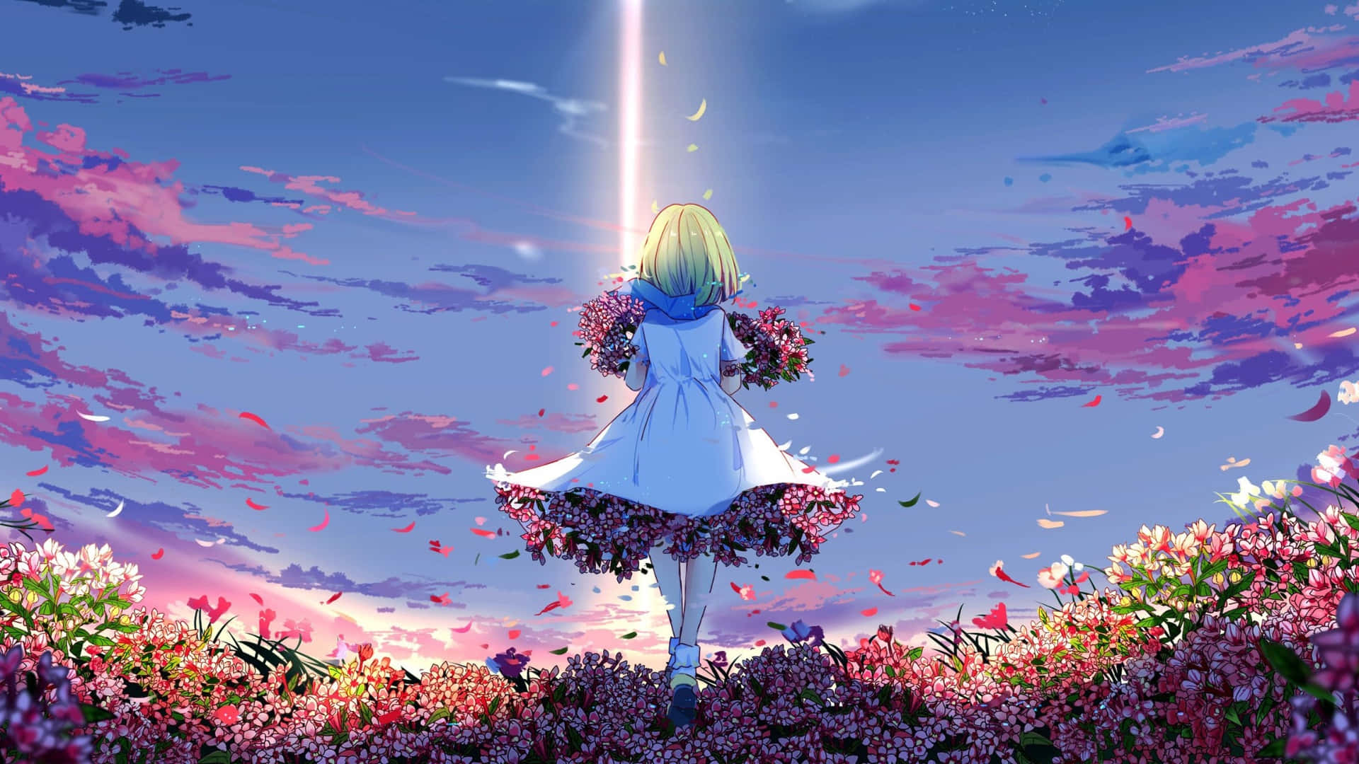 blonde anime girl, white dress, field of pink flowers, Full HD Desktop Wallpaper