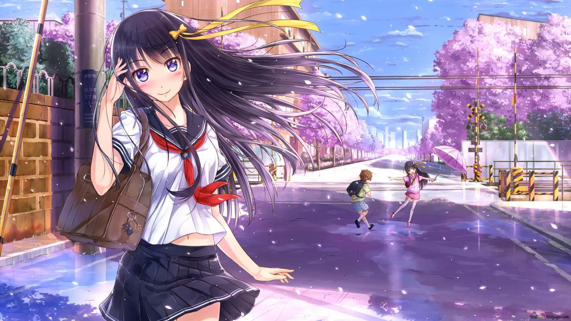 anime school girl, school uniform, rain-drenched street, Full HD Desktop Wallpaper