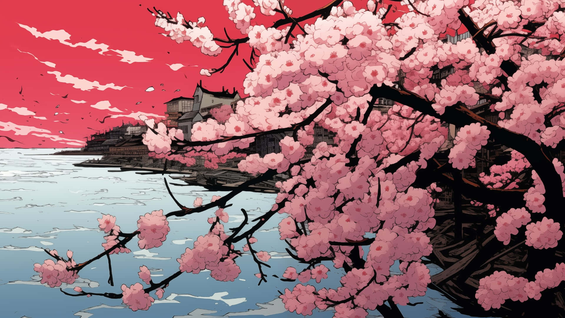 Spring Anime, cherry blossoms, crimson sky, Full HD Desktop Wallpaper