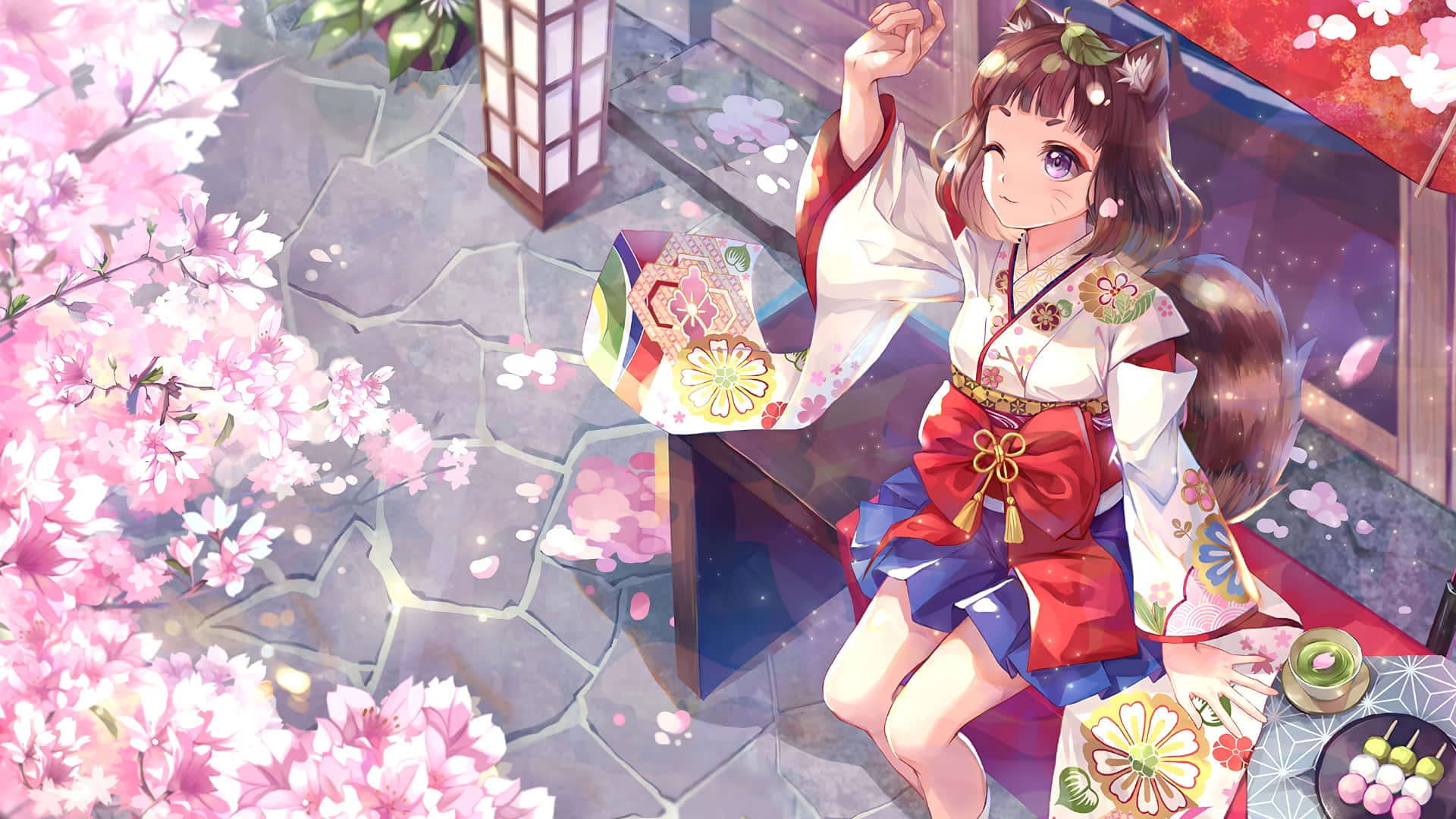 cherry blossom tree, falling petals, anime girl, Full HD Desktop Wallpaper