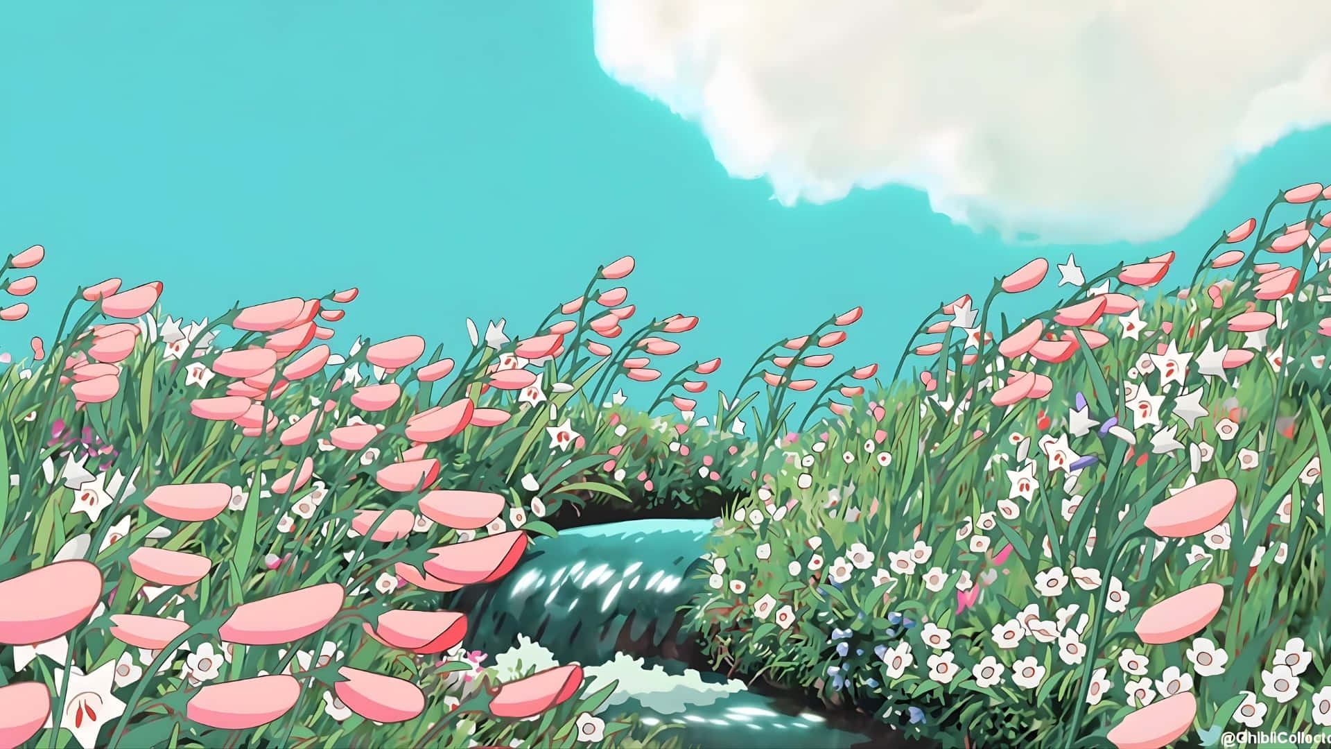 Spring Anime, pink and white flowers, winding stream, Full HD Desktop Wallpaper