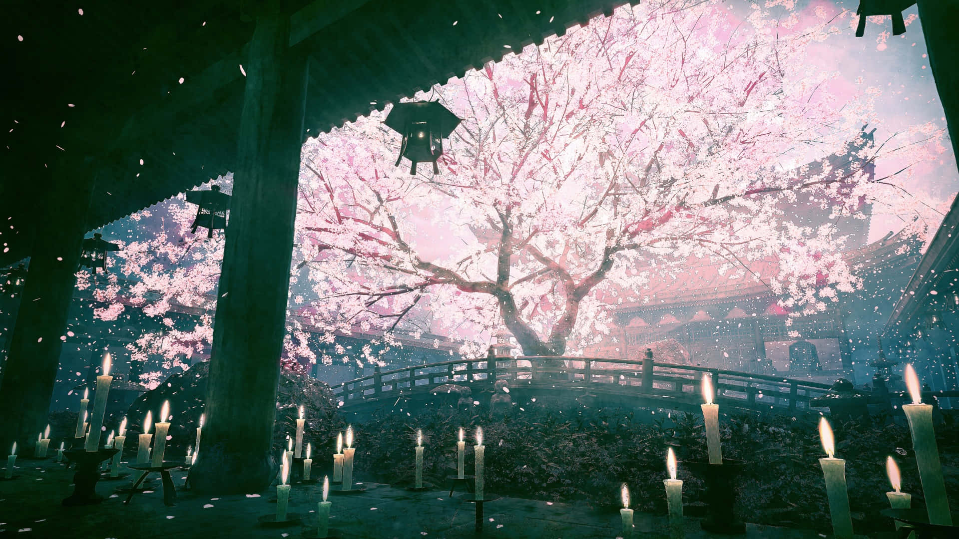cherry blossoms, twilight, wooden pavilion, Full HD Desktop Wallpaper