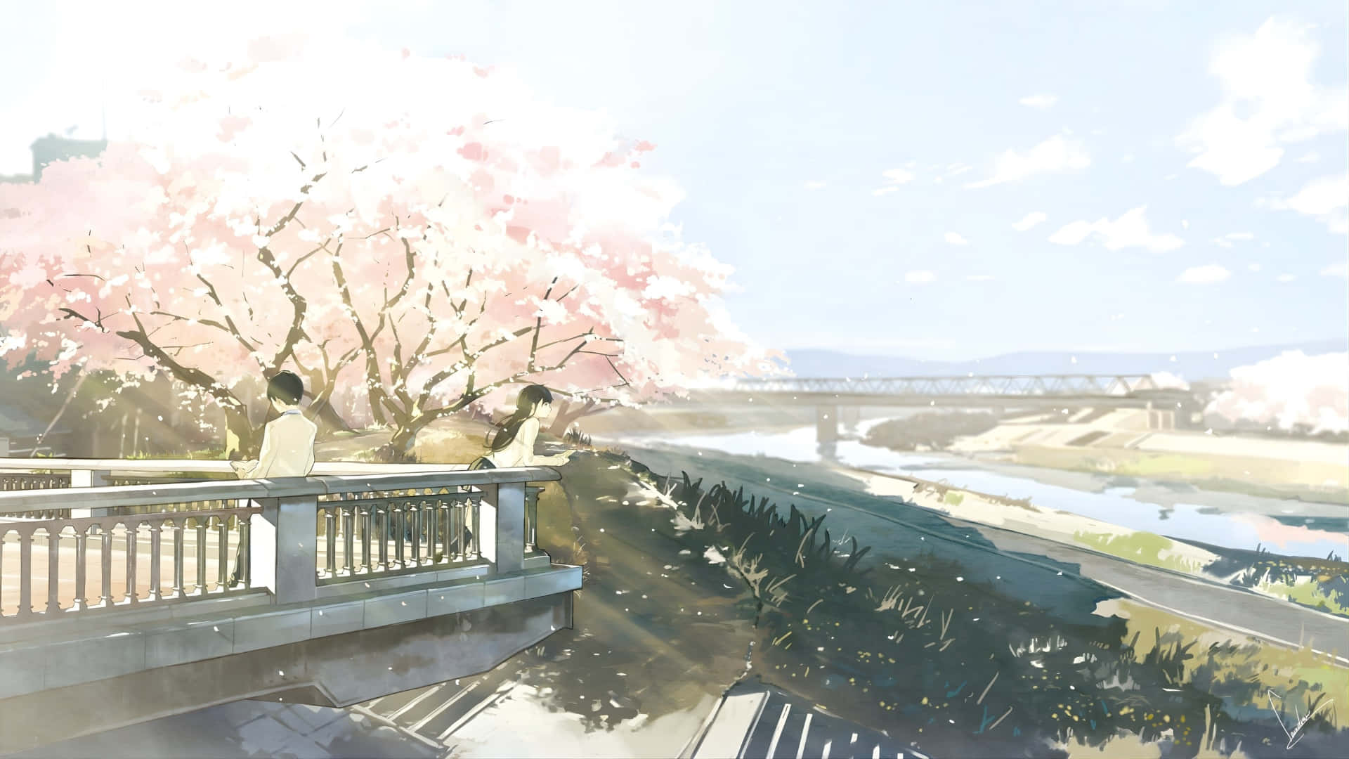 Spring Anime, cherry blossoms, bridge railing, Full HD Desktop Wallpaper
