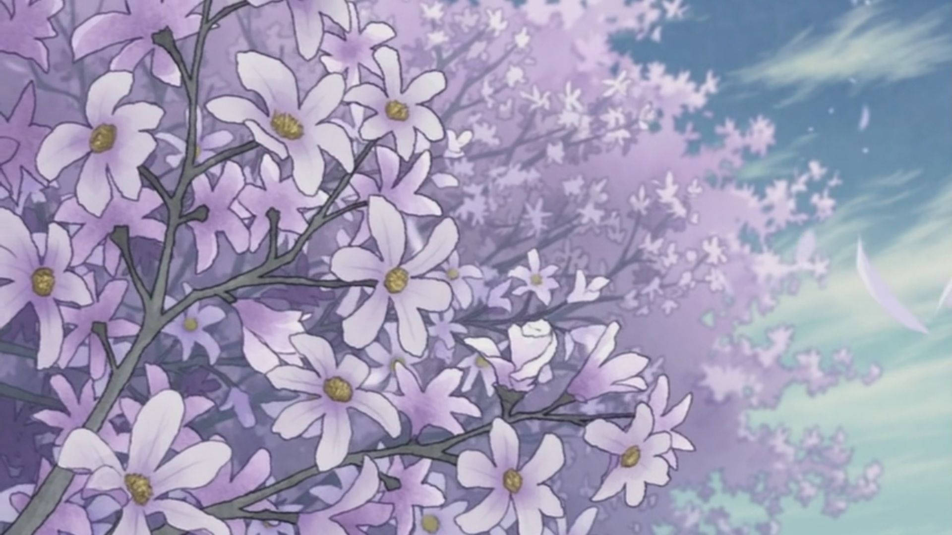 animated spring aesthetic, anime-style tree, purple and white blossoms, Full HD Desktop Wallpaper