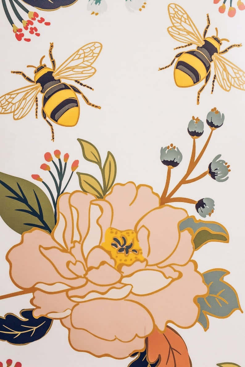 spring bees, peach flowers, budding stems, SD Phone Wallpaper