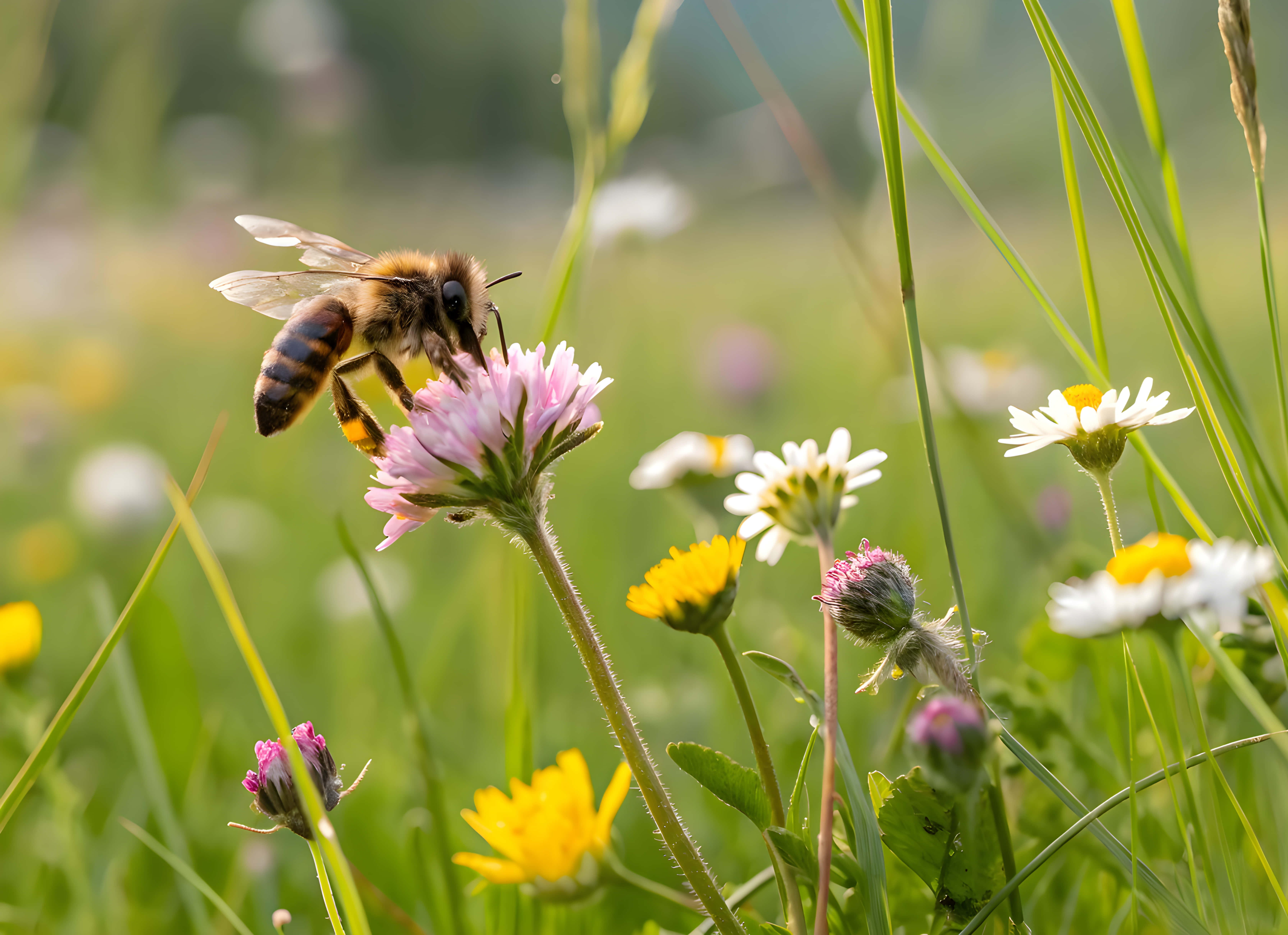 bee, pink clover blossom, sunlit meadow, 5K Desktop Wallpaper