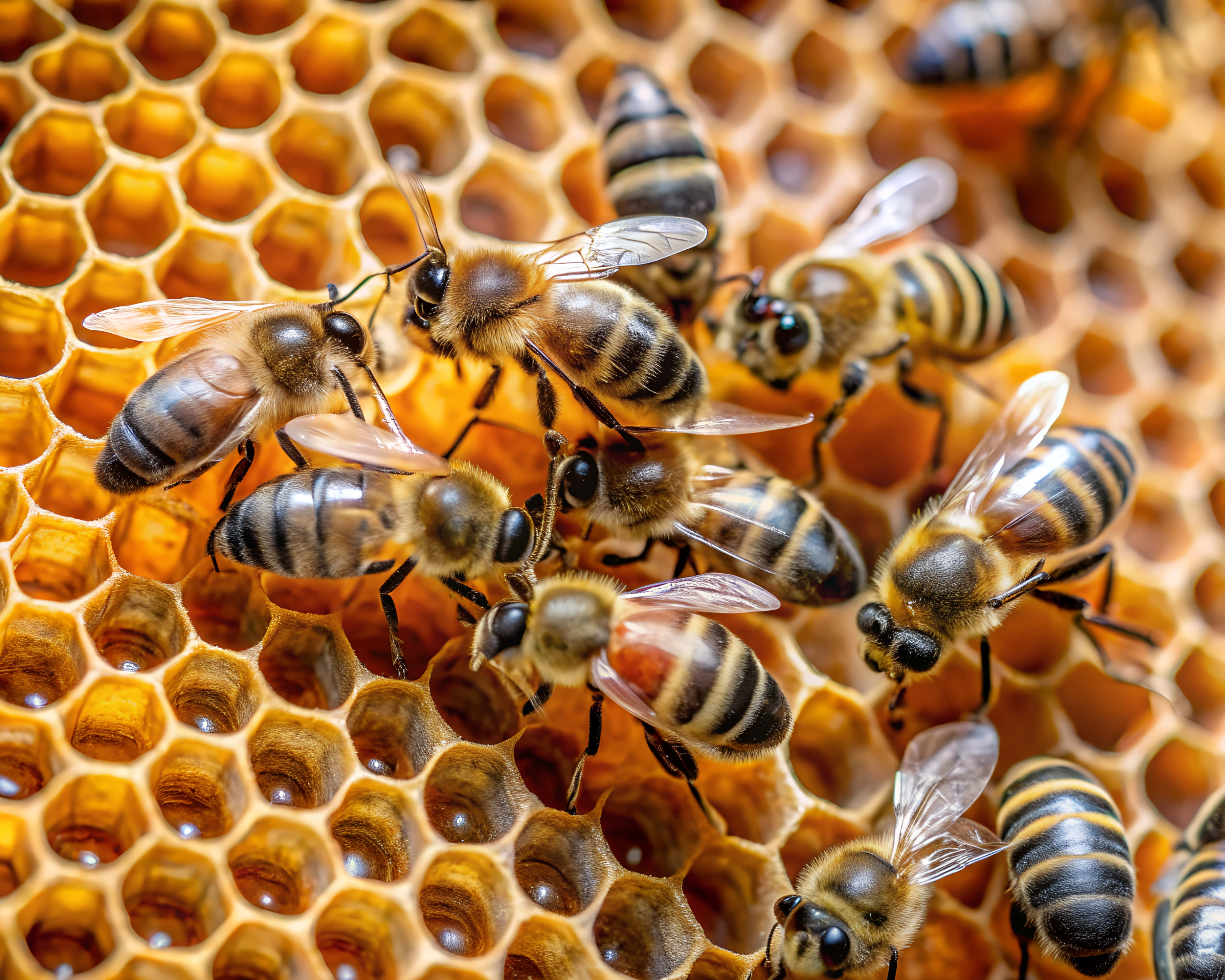 honeybees, golden honeycomb, hexagonal cells, 4K Desktop Wallpaper