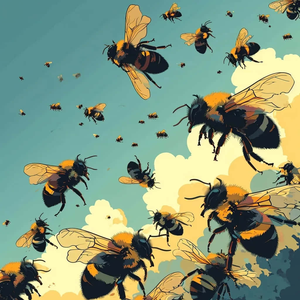 vintage bee swarm illustration, teal sky, soft yellow clouds, SD Desktop Wallpaper