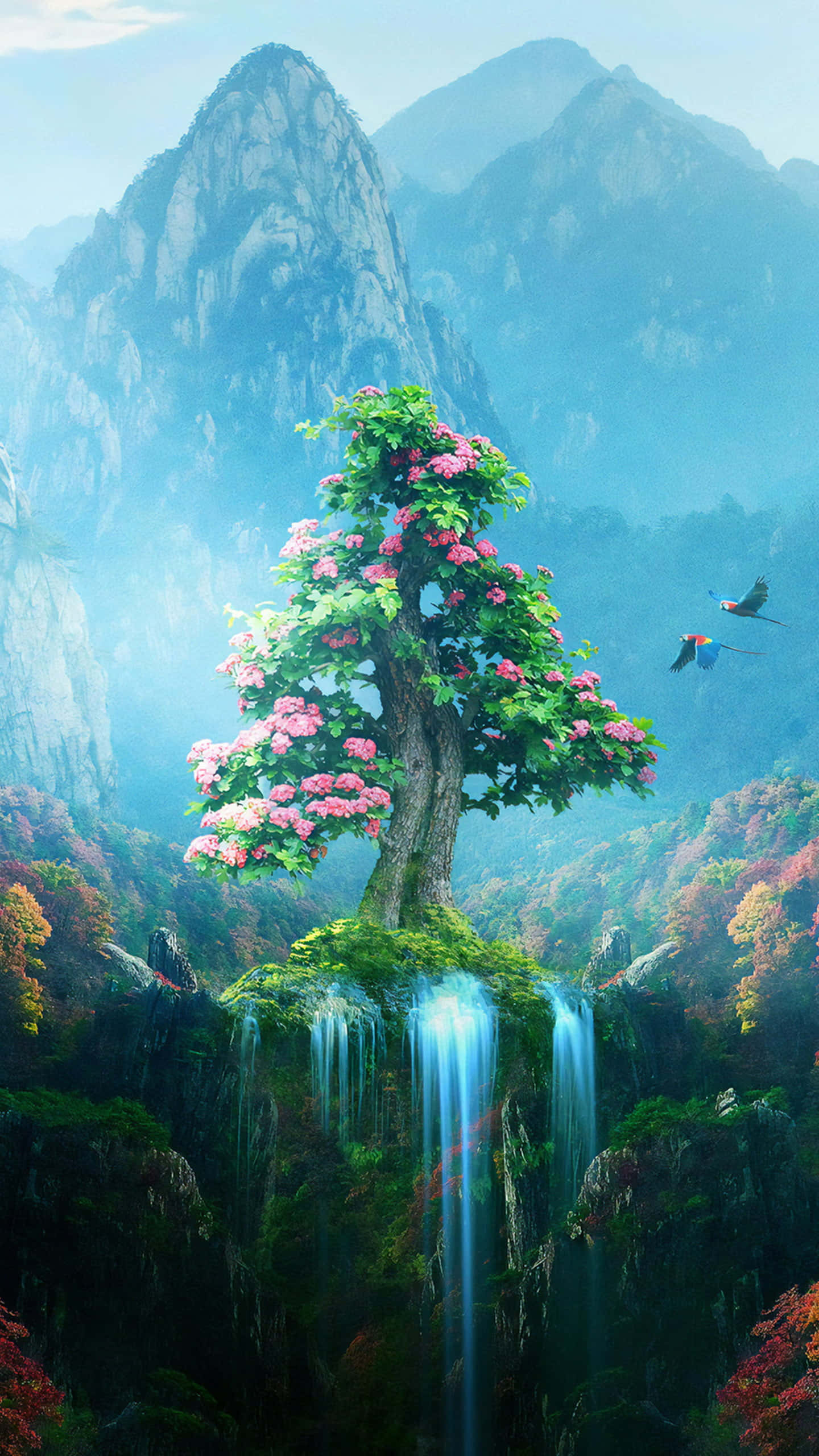 Spring Birds, cherry blossom branch, pink blossoms, 2K Phone Wallpaper
