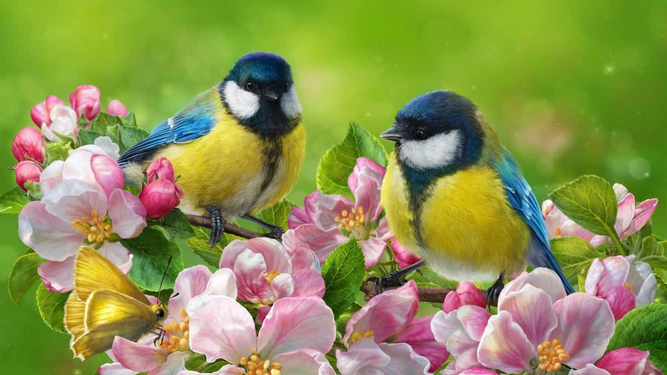 Spring Birds, blue yellow birds, pink blossoms, HD Desktop Wallpaper