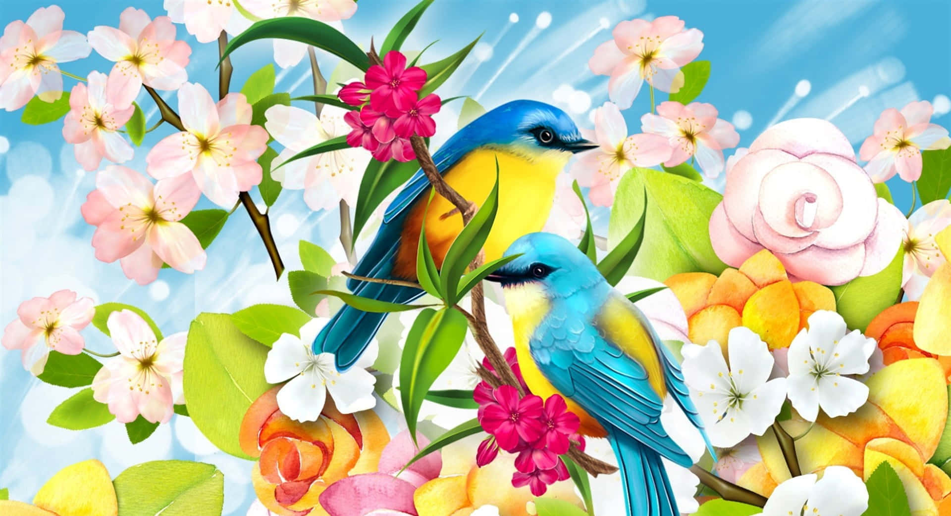 Spring Birds, blue and yellow birds, blooming pink white and orange flowers, Full HD Desktop Wallpaper