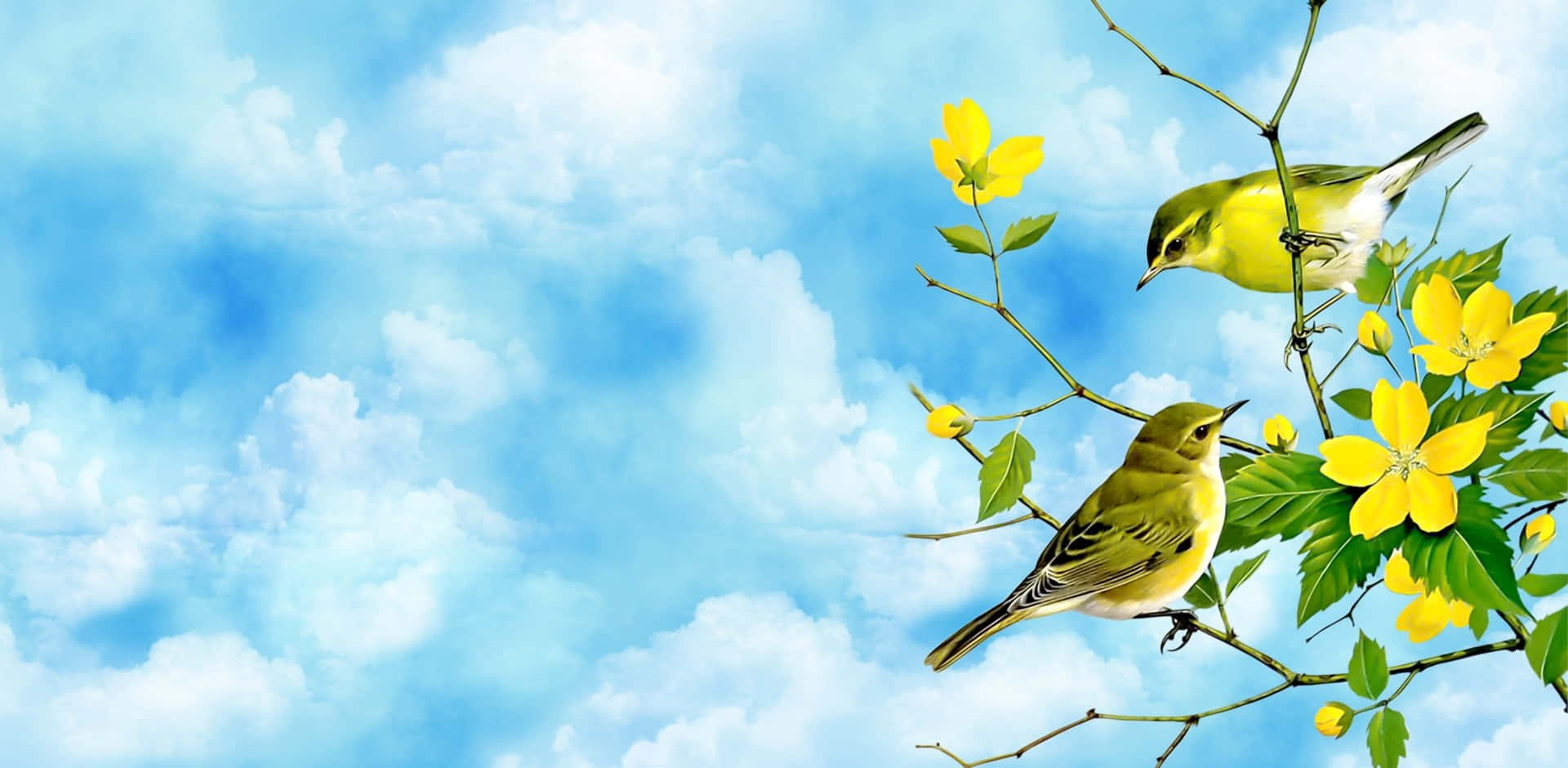 Spring Birds, vibrant yellow birds, flowering branch, Full HD Desktop Wallpaper