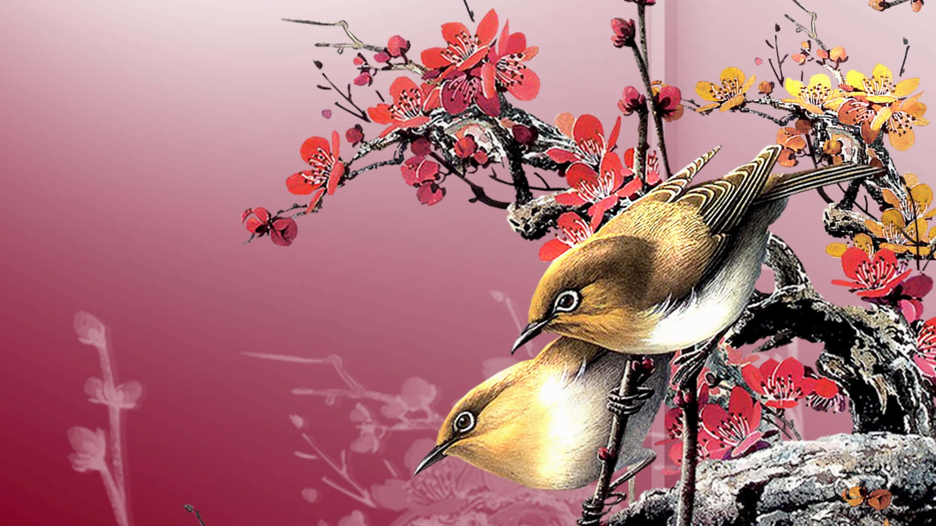 spring birds, blossoming cherry branches, soft pink gradient sky, Full HD Desktop Wallpaper