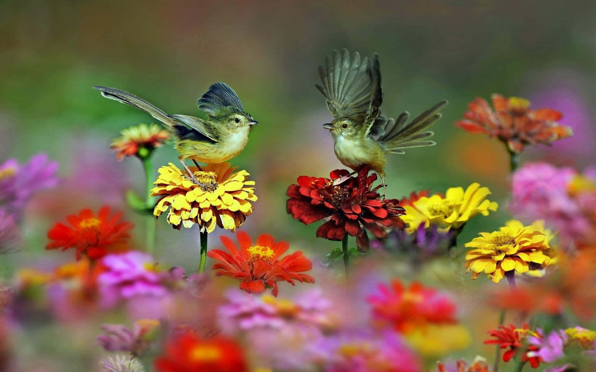 Spring Birds, zinnias, floral field, Full HD Desktop Wallpaper