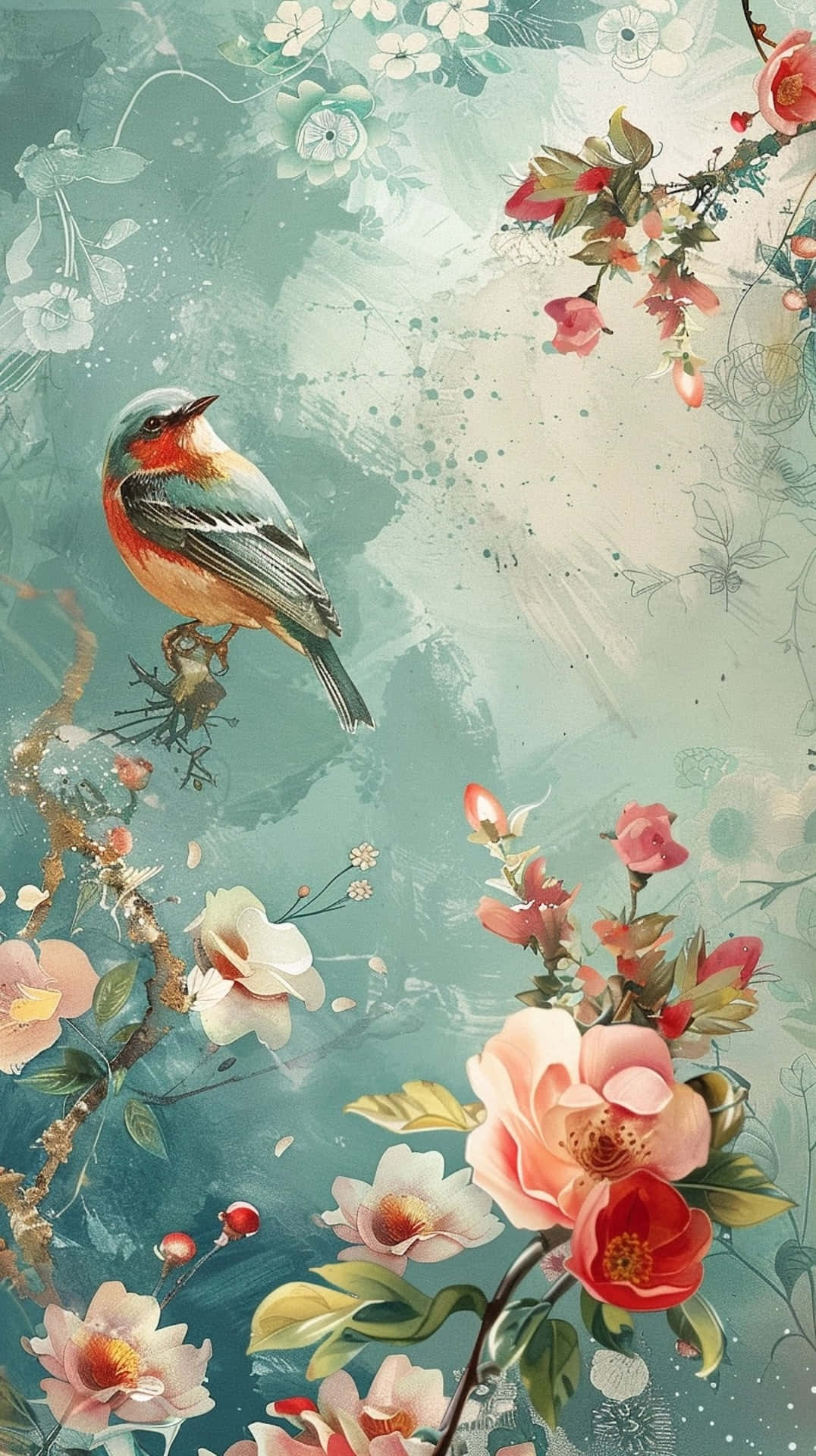Springtime Birdand Blossoms, pink flowers, white flowers, Full HD Phone Wallpaper