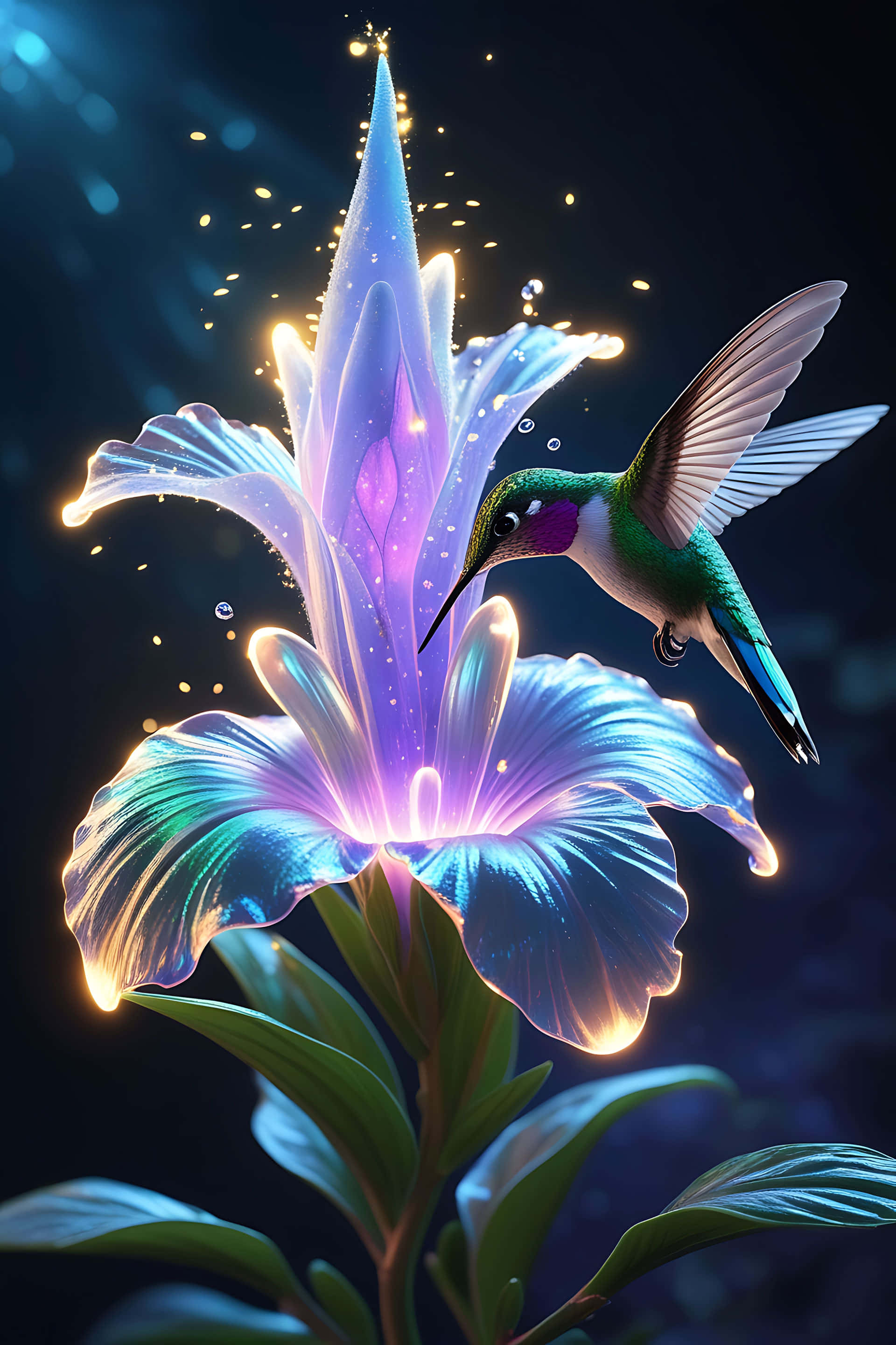hummingbird, luminous flower, glowing blue, 2K Phone Wallpaper
