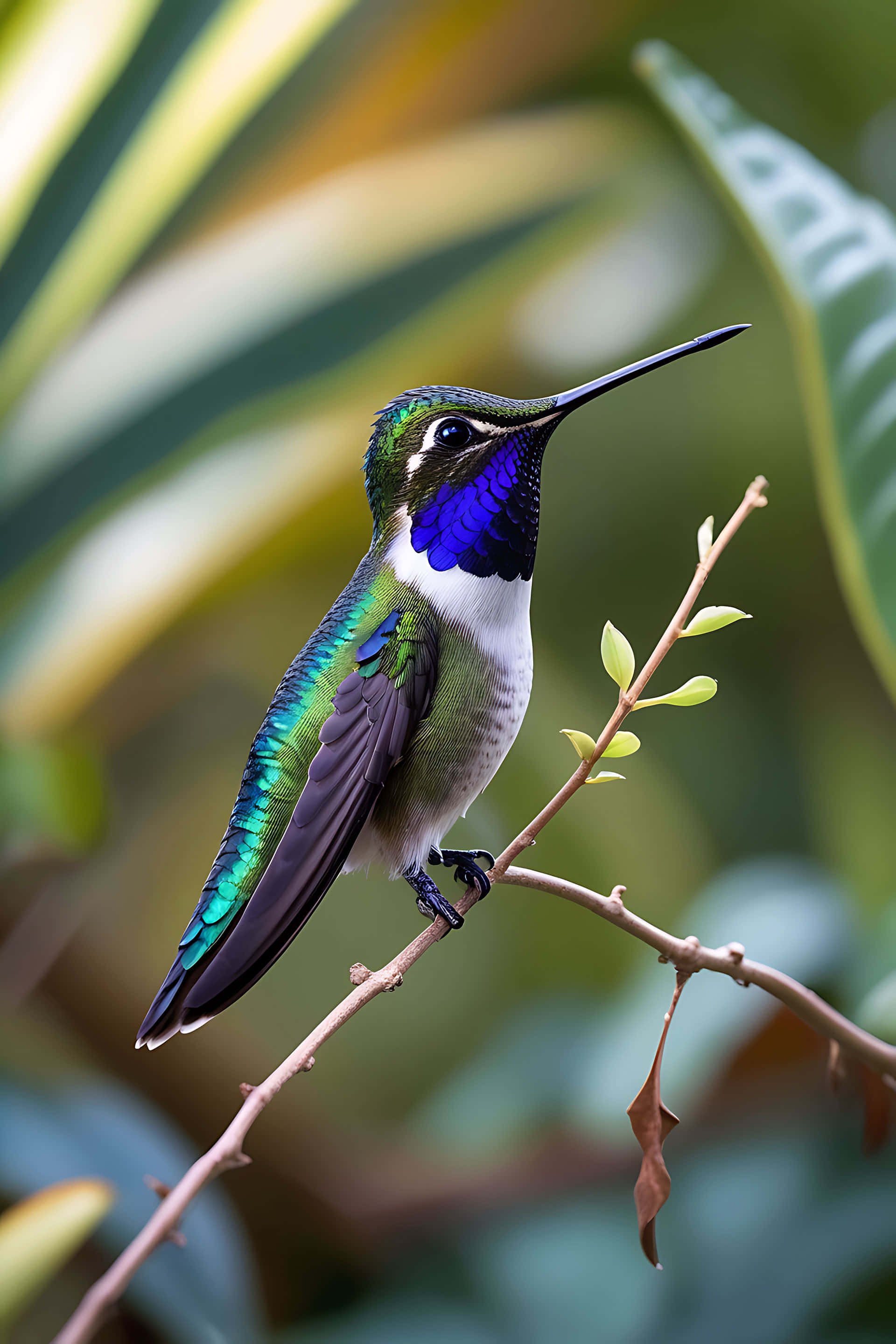 vibrant hummingbird, iridescent green and purple feathers, slender branch, 2K Phone Wallpaper
