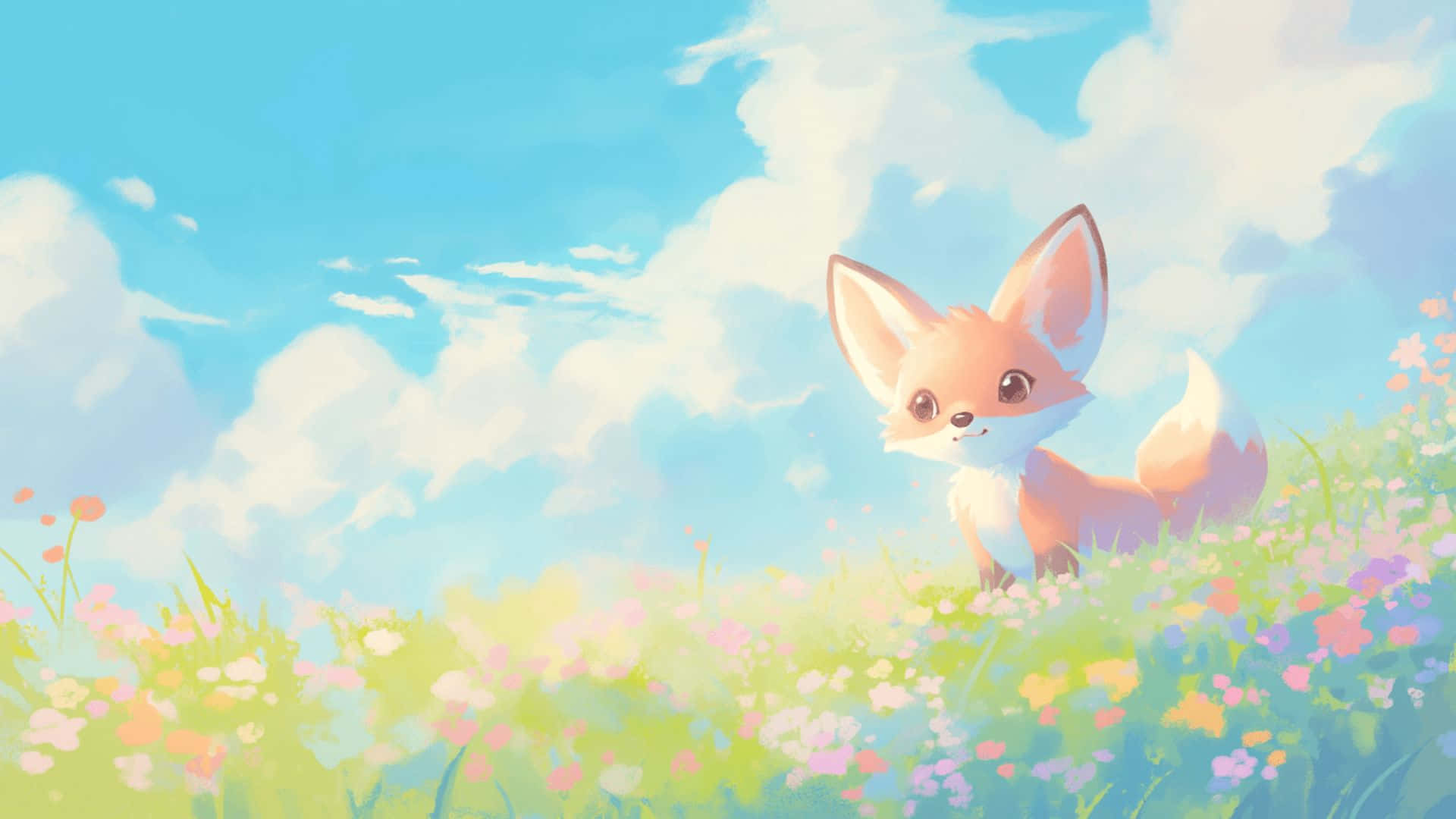 cute cartoon fox, sunlit meadow, colorful flowers, Full HD Desktop Wallpaper