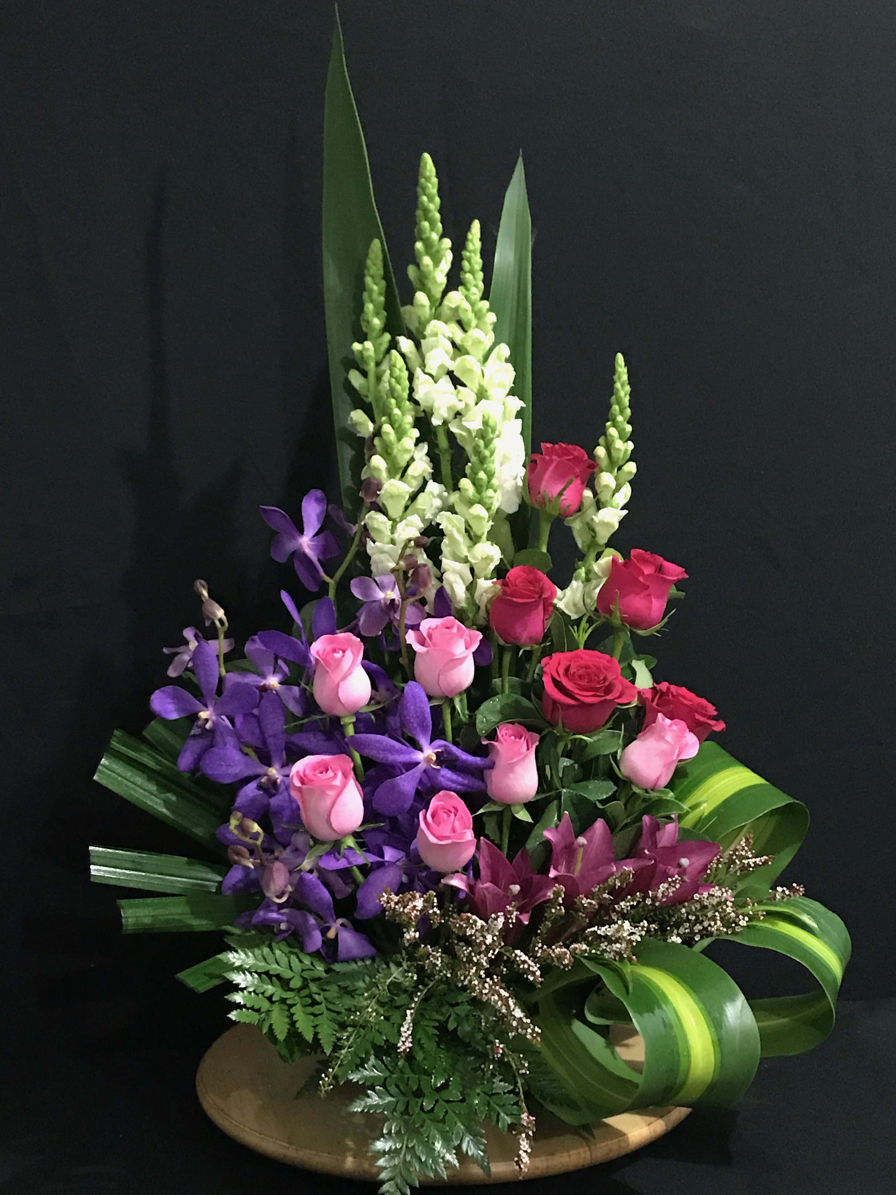 purple orchids, pink roses, white spikes, 4K Phone Wallpaper