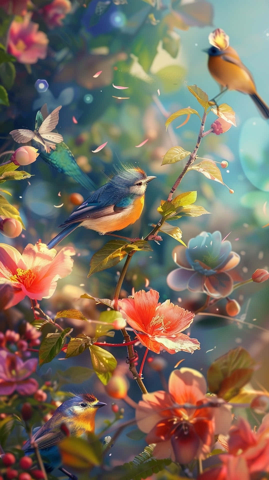 Springtime Symphony of Birds and Blossoms, sunlit garden, blooming flowers, Full HD Phone Wallpaper