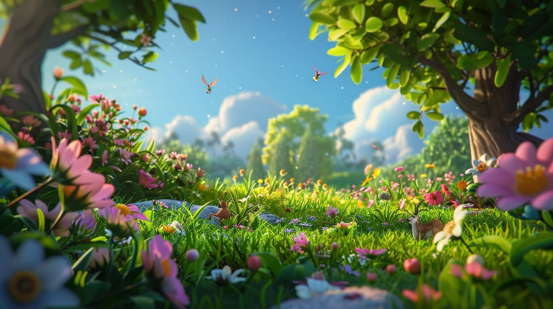 Springtime Blossom Bliss, pink and white flowers, bright blue sky, Full HD Desktop Wallpaper