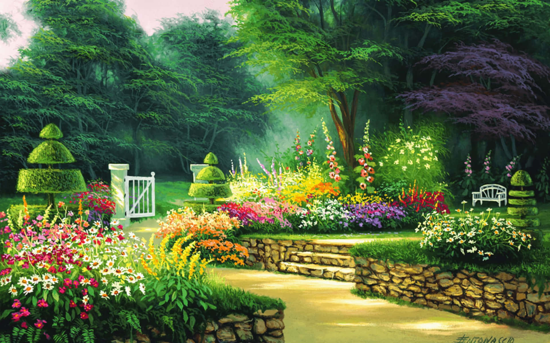 spring garden, 1920 x 1200, sunlit garden path, Full HD Desktop Wallpaper