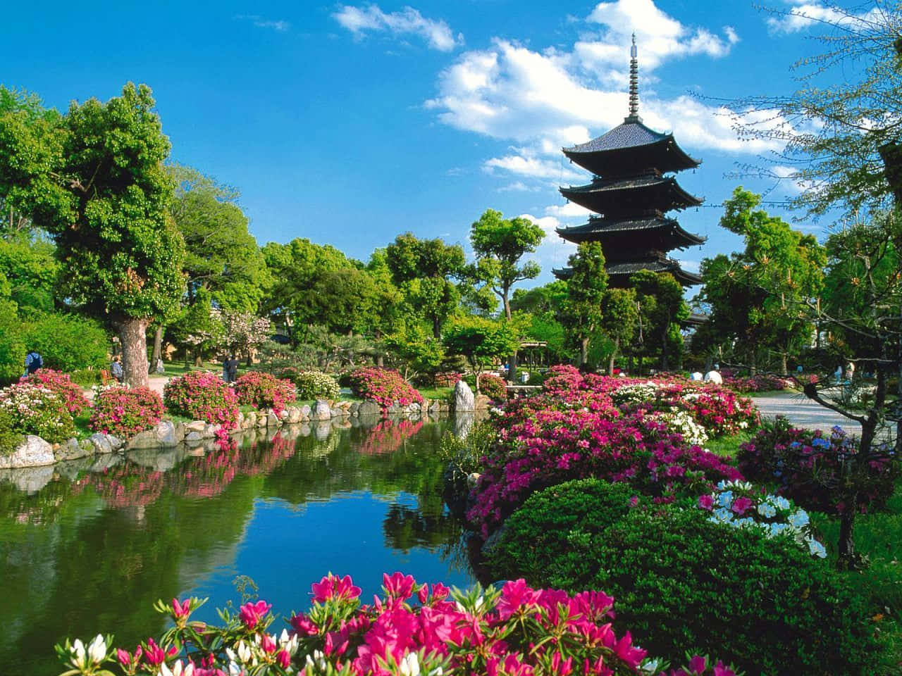 Japanese garden, multi-tiered pagoda, calm pond, HD Desktop Wallpaper