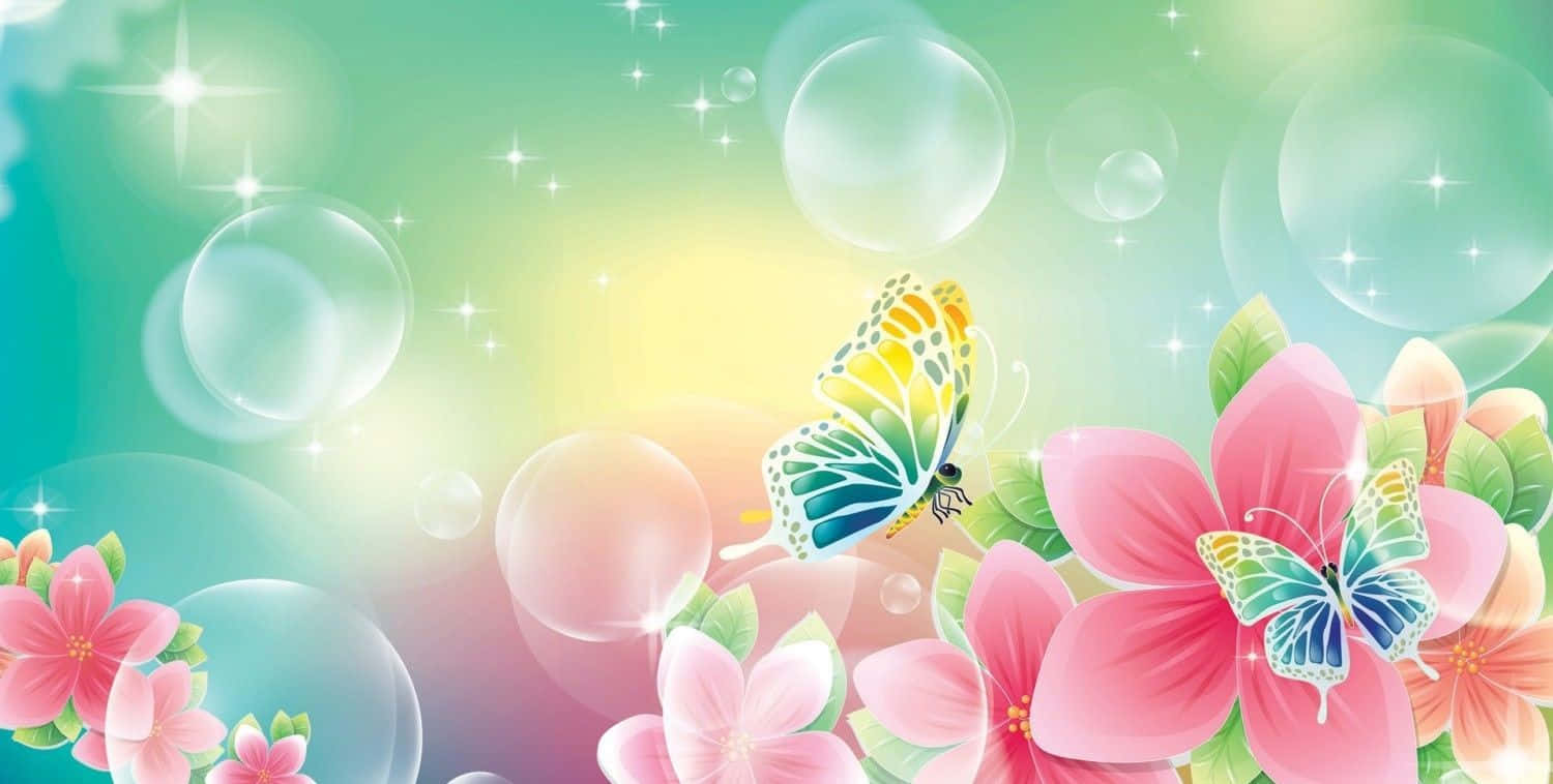 Spring Butterflies, pink blossoms, floating bubbles, HD Desktop Wallpaper