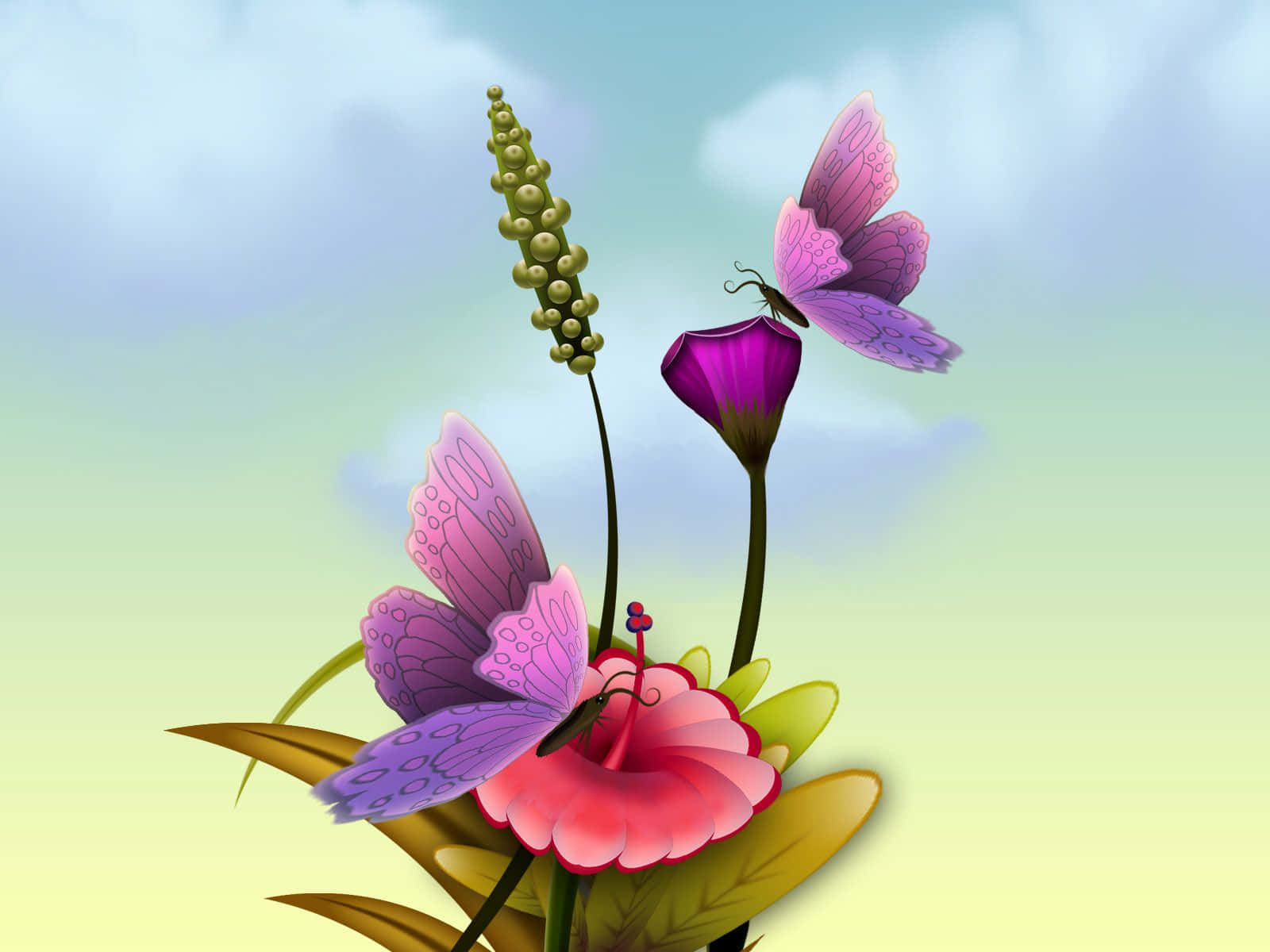 Spring Butterflies, purple butterflies, vibrant pink and purple flowers, HD Desktop Wallpaper