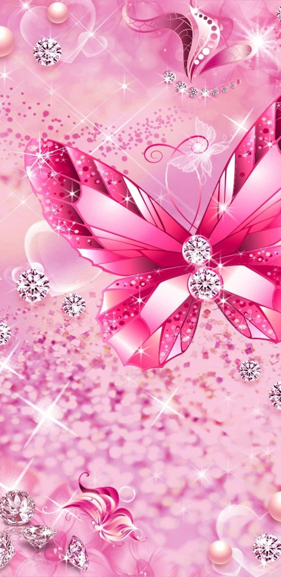 pink glitter butterfly, diamonds, ribbons, Full HD Phone Wallpaper